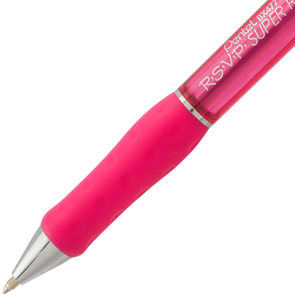 Pentel RSVP Super RT Ballpoint Pen, (0.7mm) Fine Line, Pink Ink, Box of 12 Pens (BX477-P)