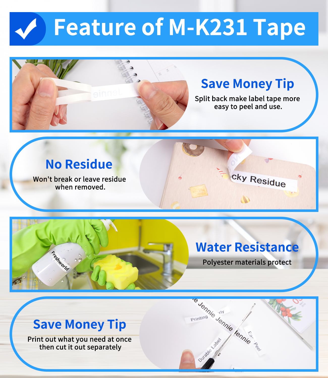 5-PK M-K231 M Tape Replace for Brother Label Tape 12mm 0.47 White for PTM95