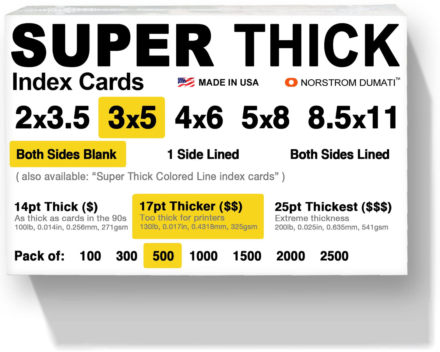 500 SUPER THICK index cards / 3"x5" / 17pt (0.017") 130lb / blank un-ruled/archival acid-free