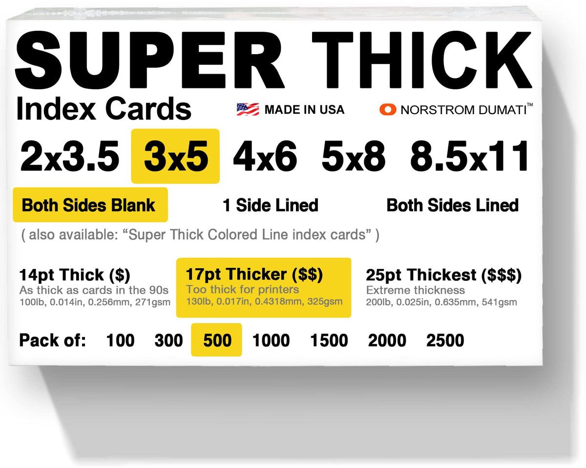500 SUPER THICK index cards / 3"x5" / 17pt (0.017") 130lb / blank un-ruled/archival acid-free