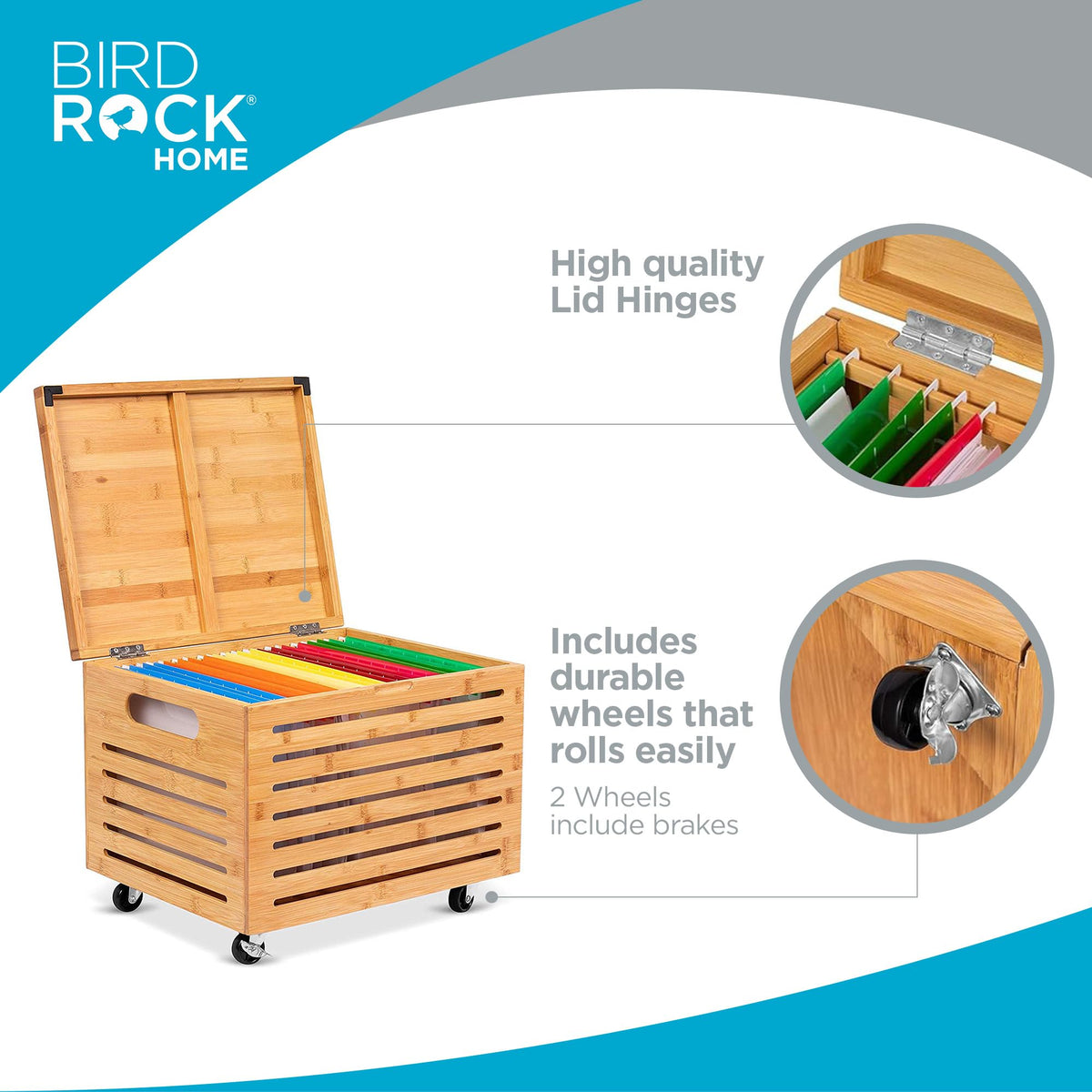 BIRDROCK HOME Bamboo Rolling File Storage Organizer Box with Lid - Decorative File Cabinet on