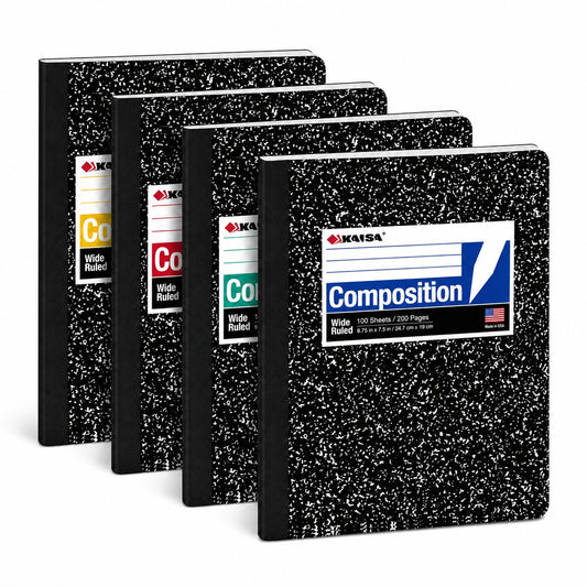 KAISA Composition Notebooks, Wide Ruled, 9-3/4" x 7-1/2", Black Marble Covers Composition Notepads