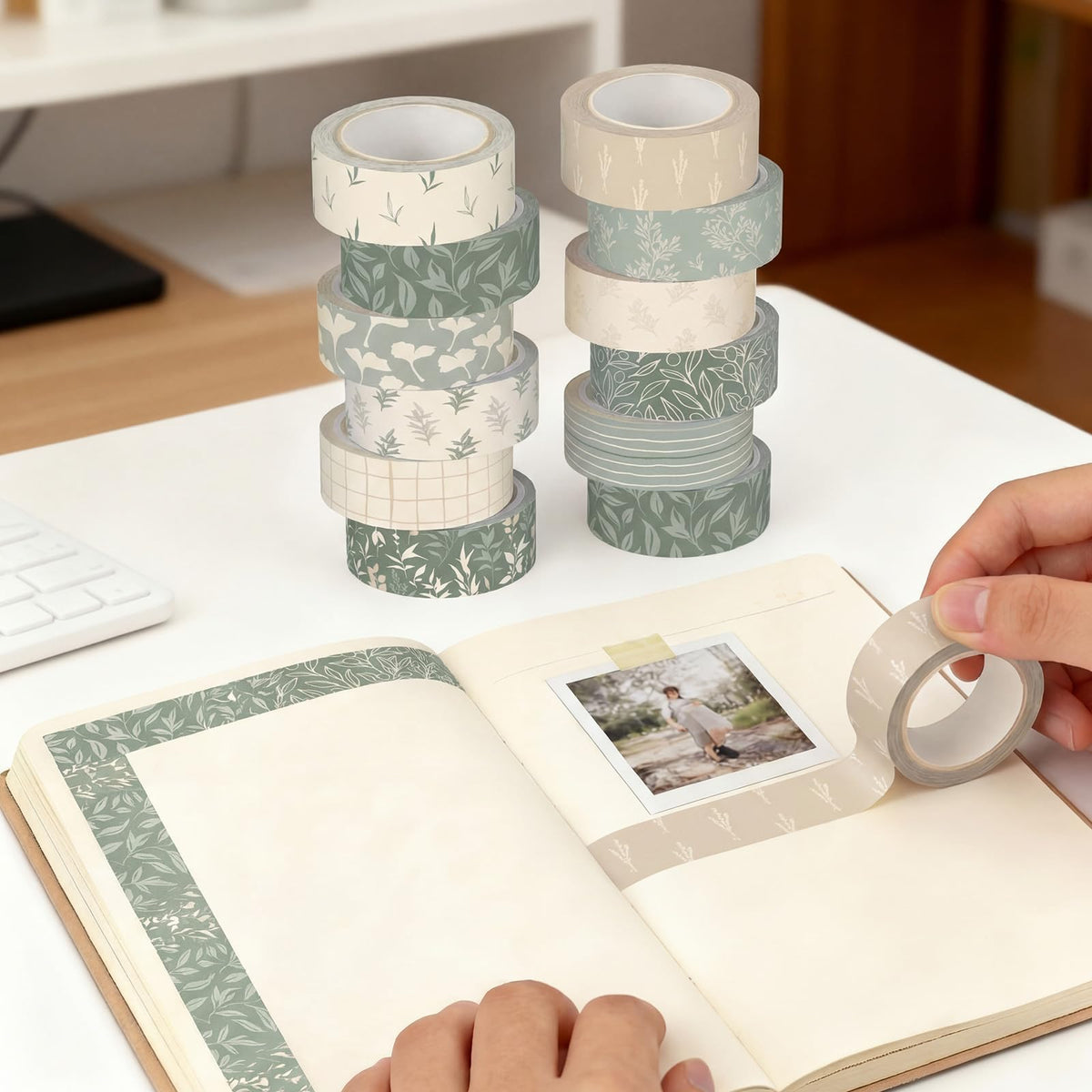 YooNotee 12 Rolls Floral Washi Tape Set,Sage Green,Leaves