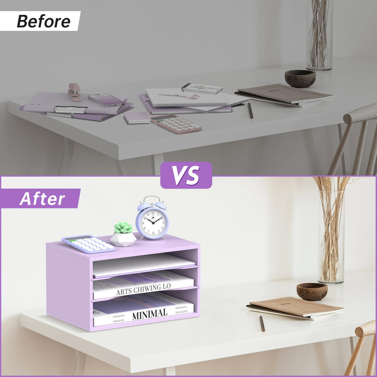 3 Tier Wood Desk Organizer, Paper Organizer for Desk, Purple