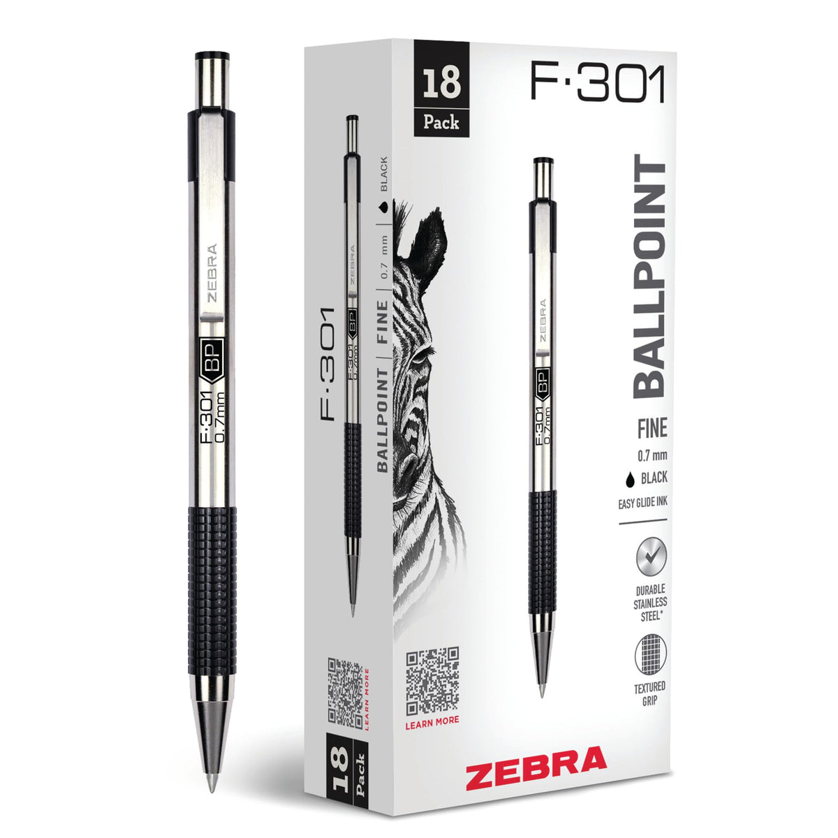 Zebra Pen STEEL F-301 Retractable Ballpoint Pen, Black Ink, 0.7mm, 18-Pack