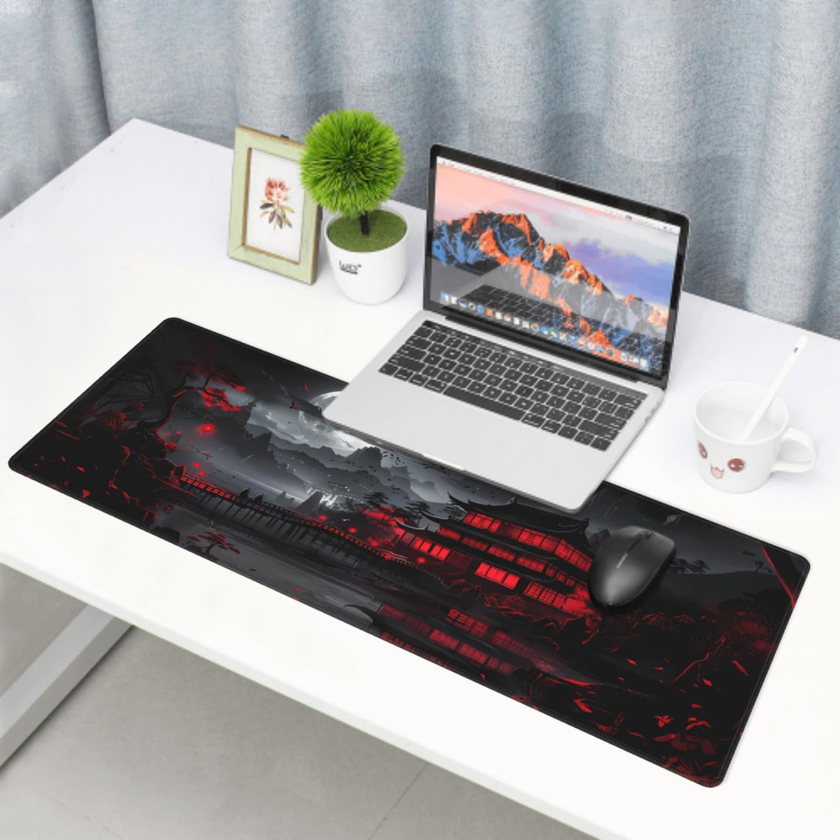 Black Red Japanese Mouse Pad XL 31.5 X 11.8 Inch Design Style Extended Large Gaming Mousepad