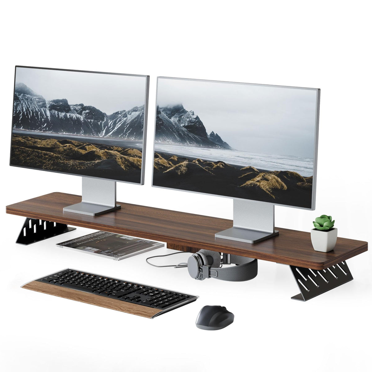 Fenge Monitor Stand Riser, Wooden & Metal Desk Shelf Organizer, Brown
