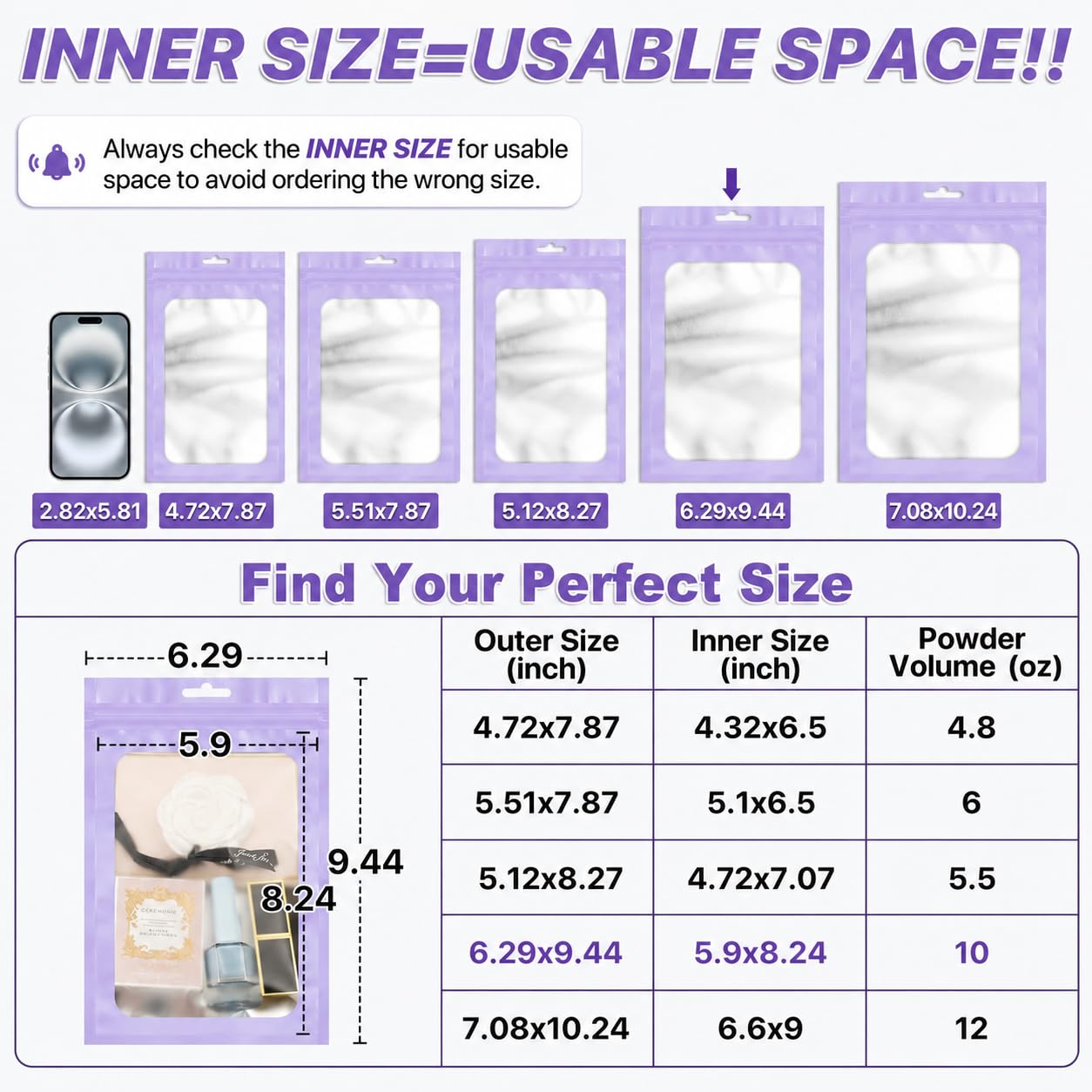 ANZNKU 100Pcs Purple Mylar Bags, Resealable Smell Proof Zip Goodie Baggies