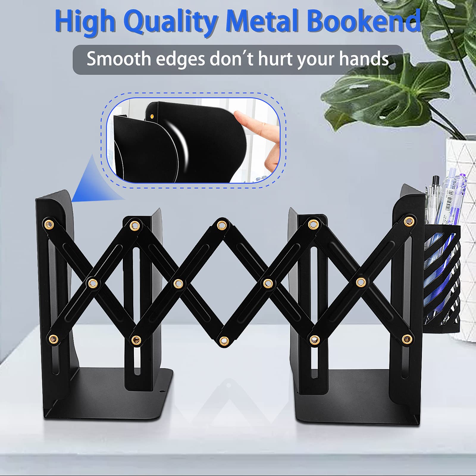 2PCS Heavy Duty Book Ends to Hold Books with Pen Holder, Adjustable Bookends, Metal Book Ends for