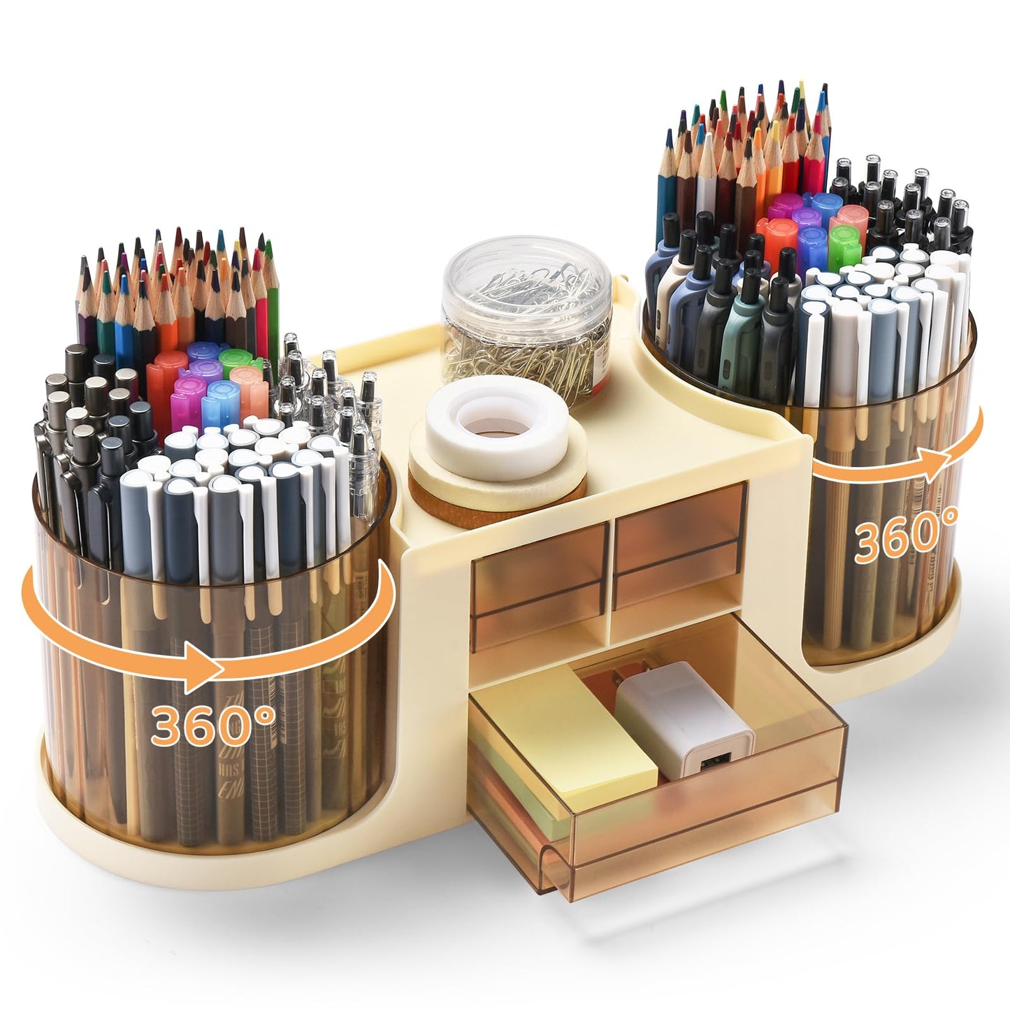 KLIONGO Rotating Desk Organizer with 2 Pen Holder, Desk Organizers and Accessories with 10 Slots