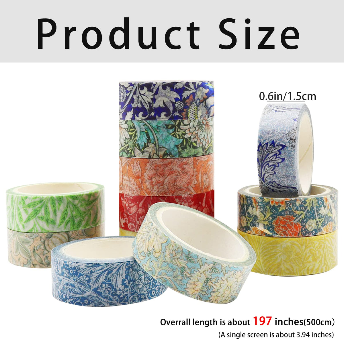 Berkin Arts 12 Rolls Art Floral Designs Washi Tape Set - 15 mm Wide Decorative Adhesive Masking