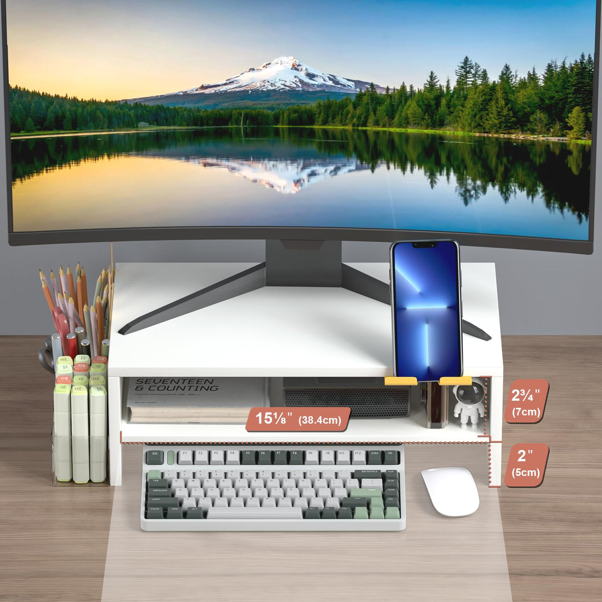 TEAMIX 2-Tier White Monitor Stand Riser with Phone Holder&Clear Pen Holder