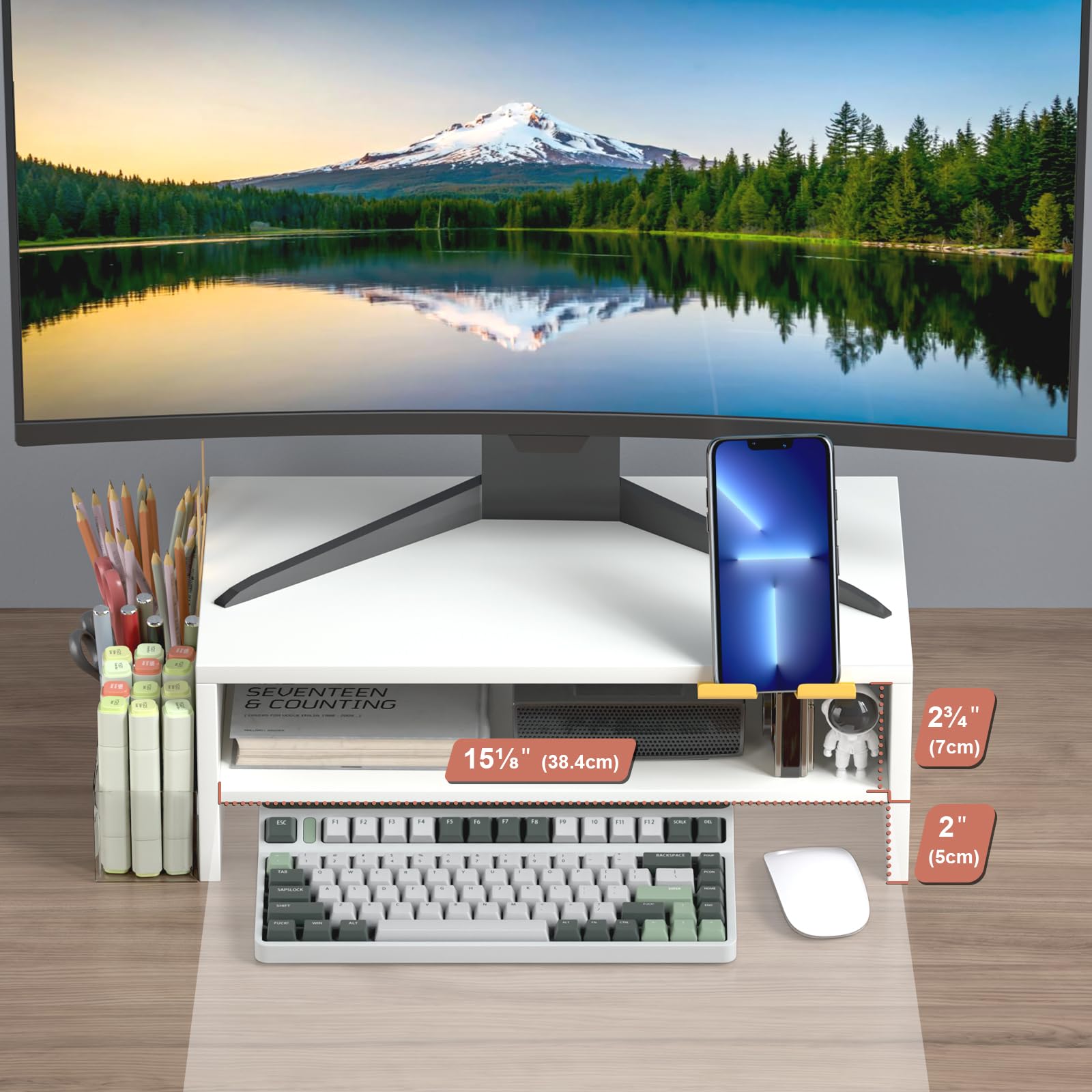TEAMIX 2-Tier White Monitor Stand Riser with Phone Holder&Clear Pen Holder