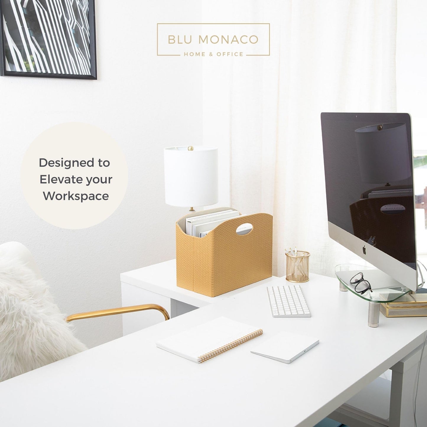 BLU MONACO | Gold Magazine Holder | Woven PVC Leather Organizer with MDF Frame | Floor or Table