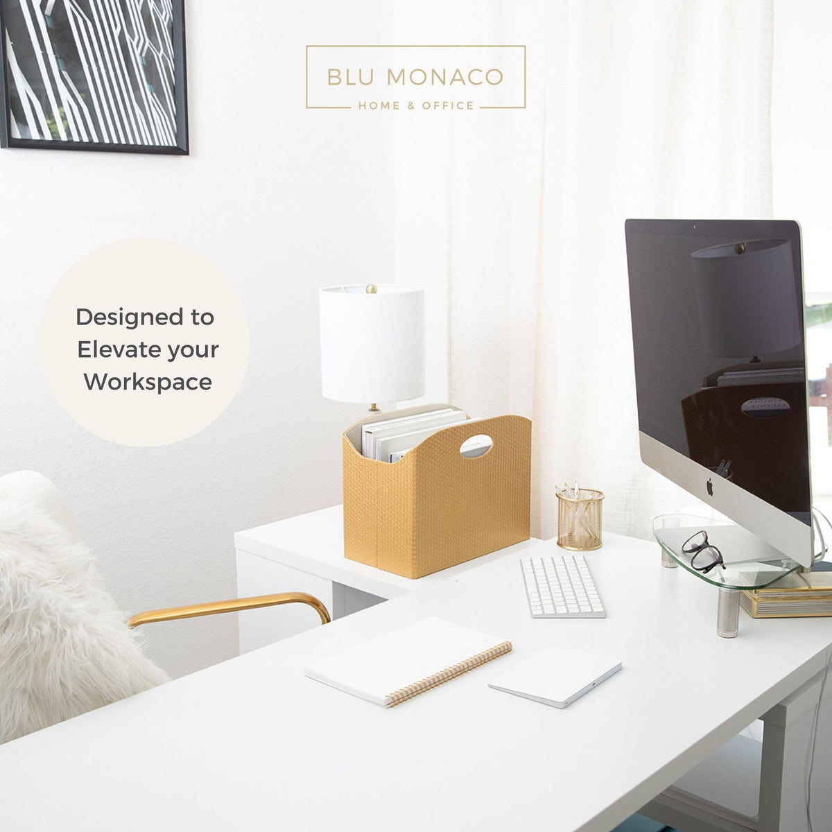 BLU MONACO | Gold Magazine Holder | Woven PVC Leather Organizer with MDF Frame | Floor or Table