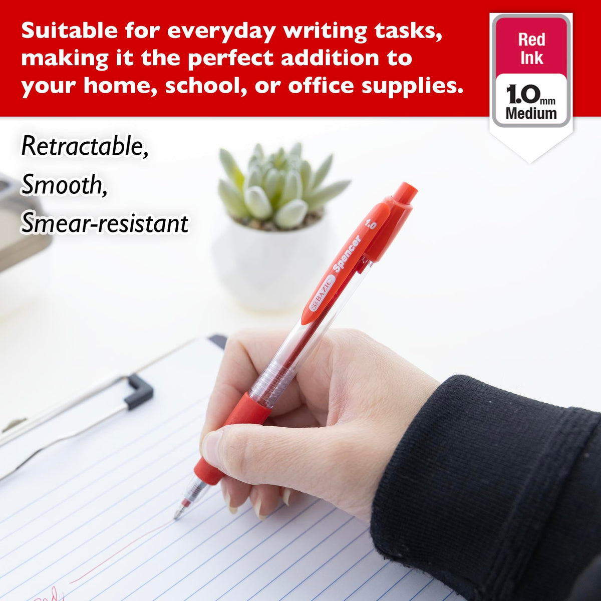 BAZIC PRODUCTS Spencer Red Ink Retractable Pens, 1.0 mm, 5 Ct, 24-Box