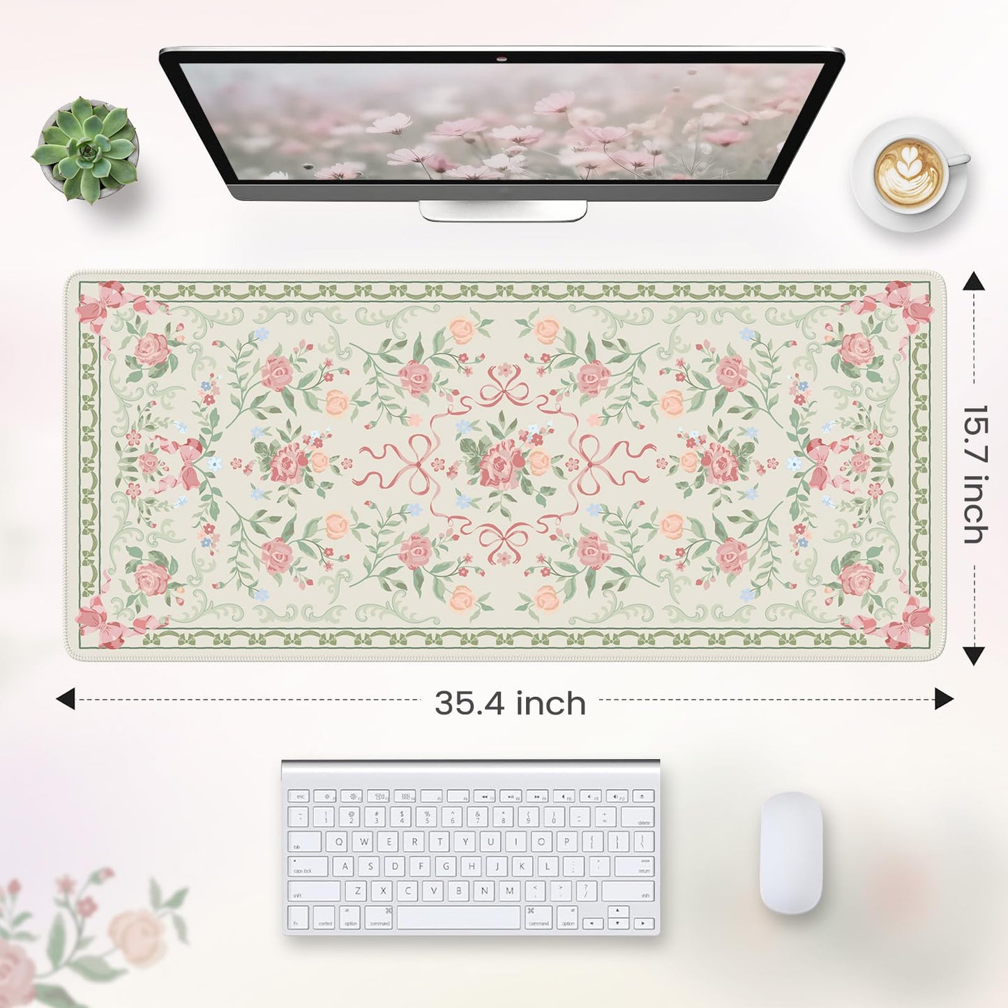 HAOCOO Cute Green Bow Desktop Mat, 35.4" x 15.7" Keyboard Pad for Office