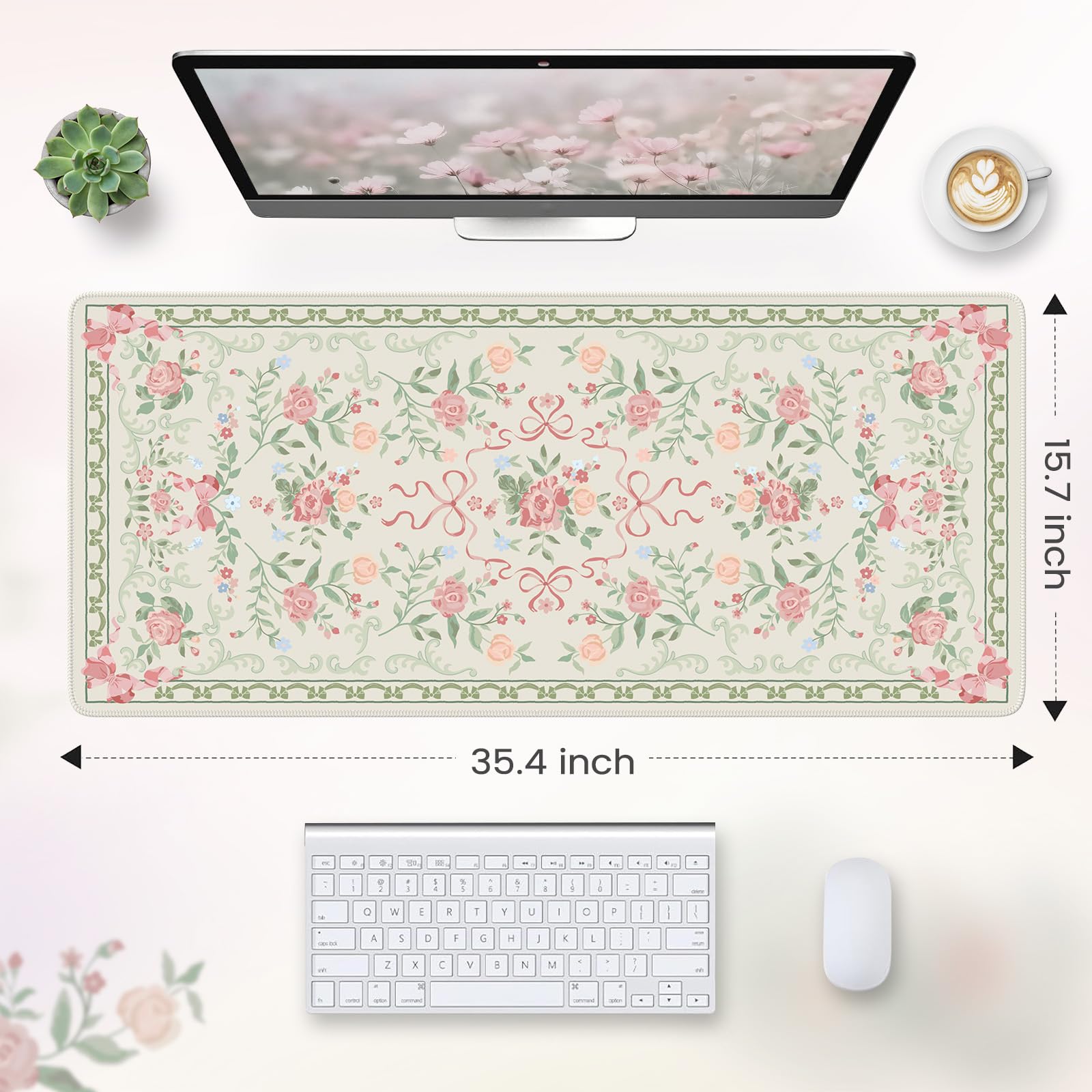 HAOCOO Cute Green Bow Desktop Mat, 35.4" x 15.7" Keyboard Pad for Office