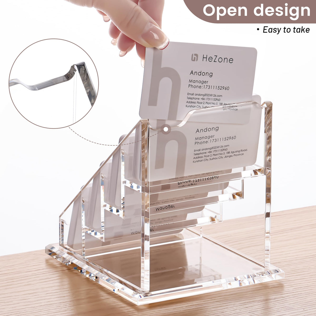 HeZone Acrylic Card Holder Clear Horizontal Business Card Organizer Stand for Desk 4 Slots 4 Tier