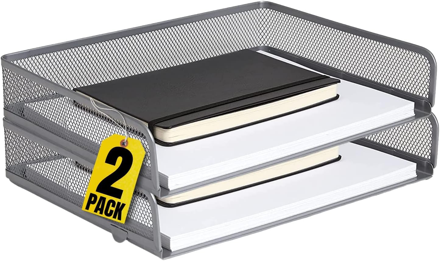 1InTheOffice Desk Tray, Letter Tray, Stackable, Side Load, Silver Mesh, 2 Pack
