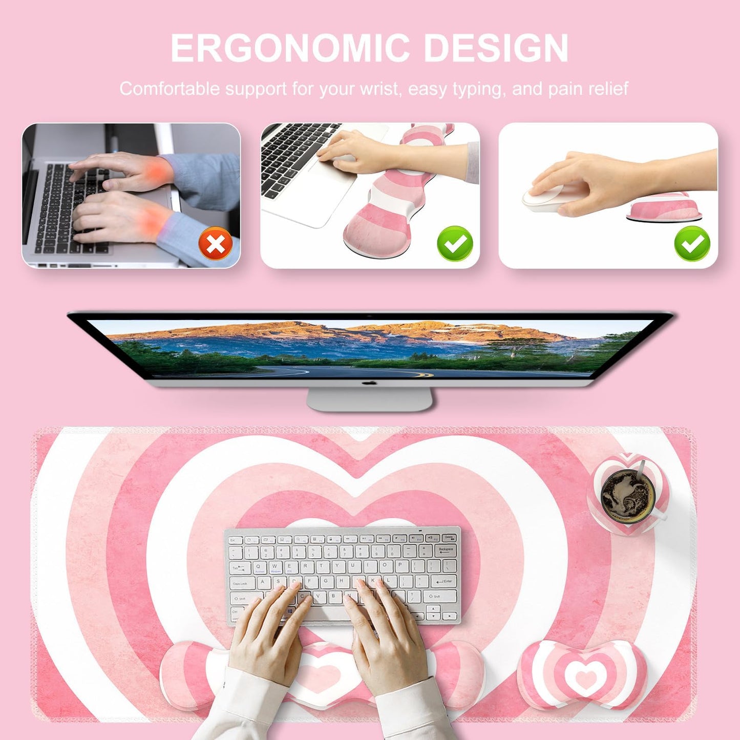 iLeadon Desk Mat Set, Pink Heart Mouse Pad and Keyboard Wrist Rest