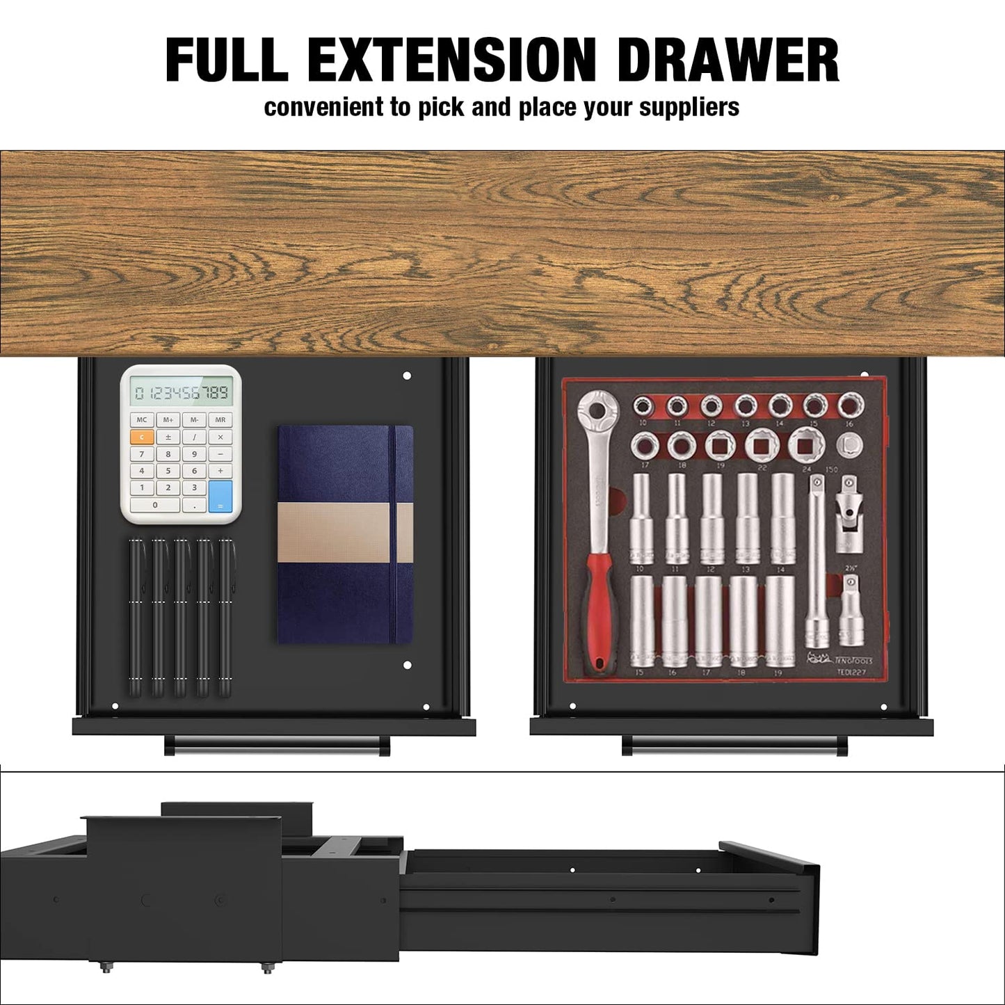 UNITEDPOWER Under Desk Drawer Storage, Pull-Out Office Hidden Counter Drawer, Metal Sliding