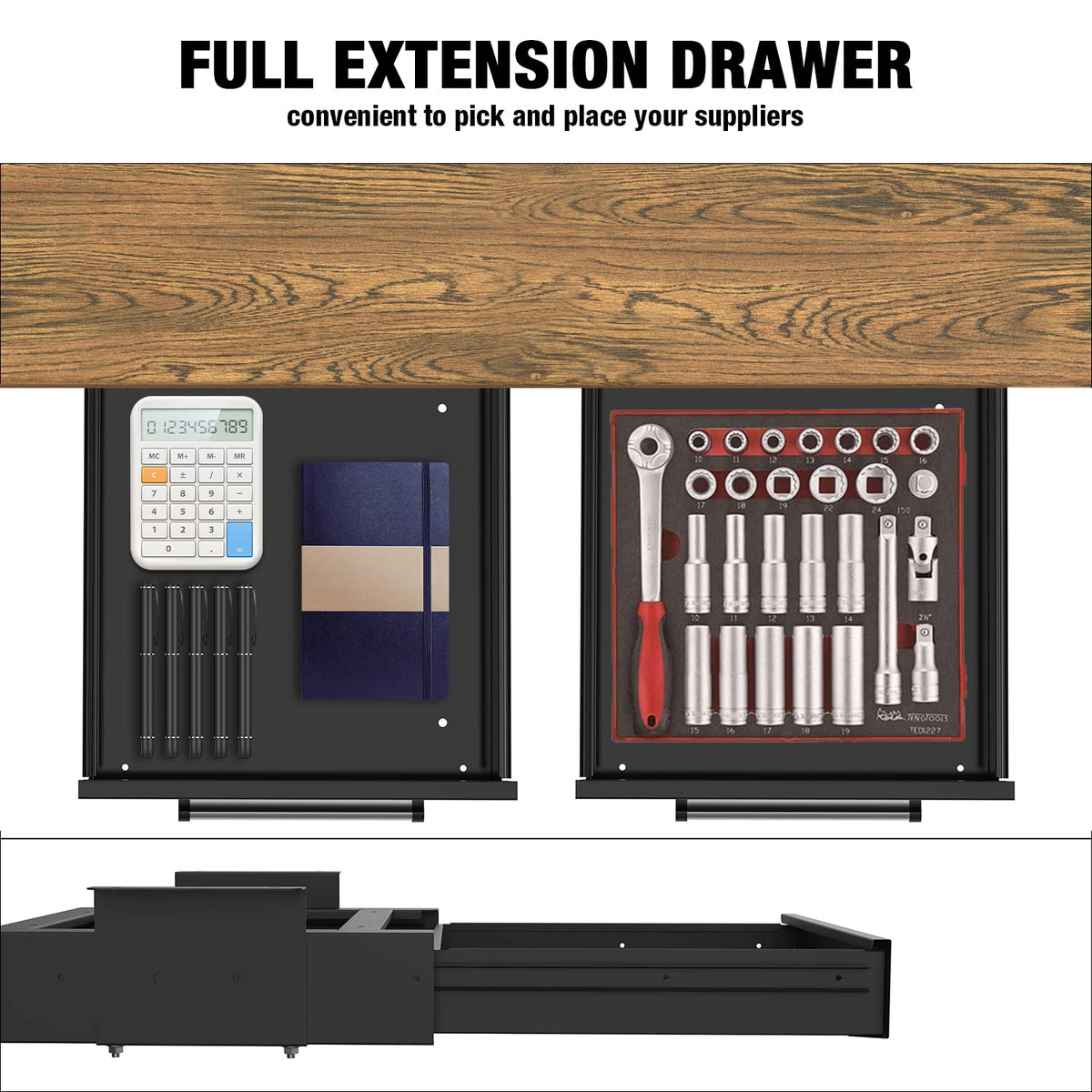 UNITEDPOWER Under Desk Drawer Storage, Pull-Out Office Hidden Counter Drawer, Metal Sliding