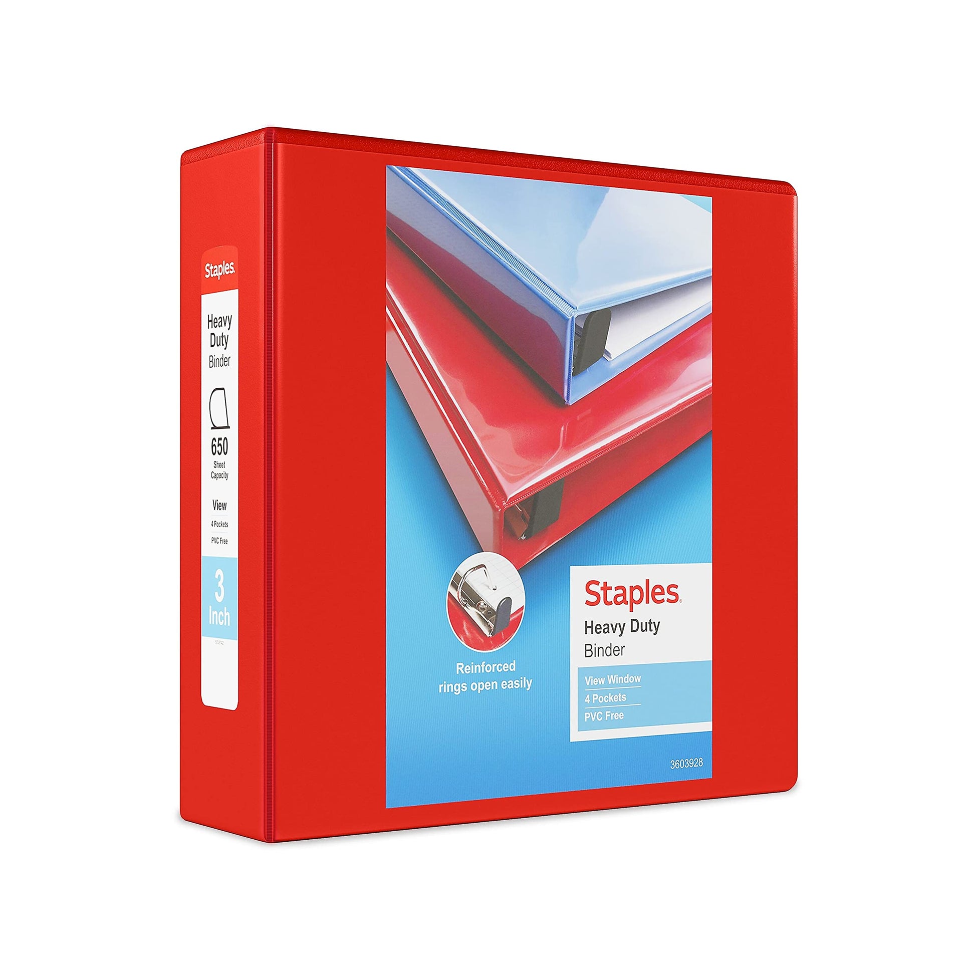 Staples Heavy Duty 3-Inch 3-Ring View Binder, Red, 2-Pack