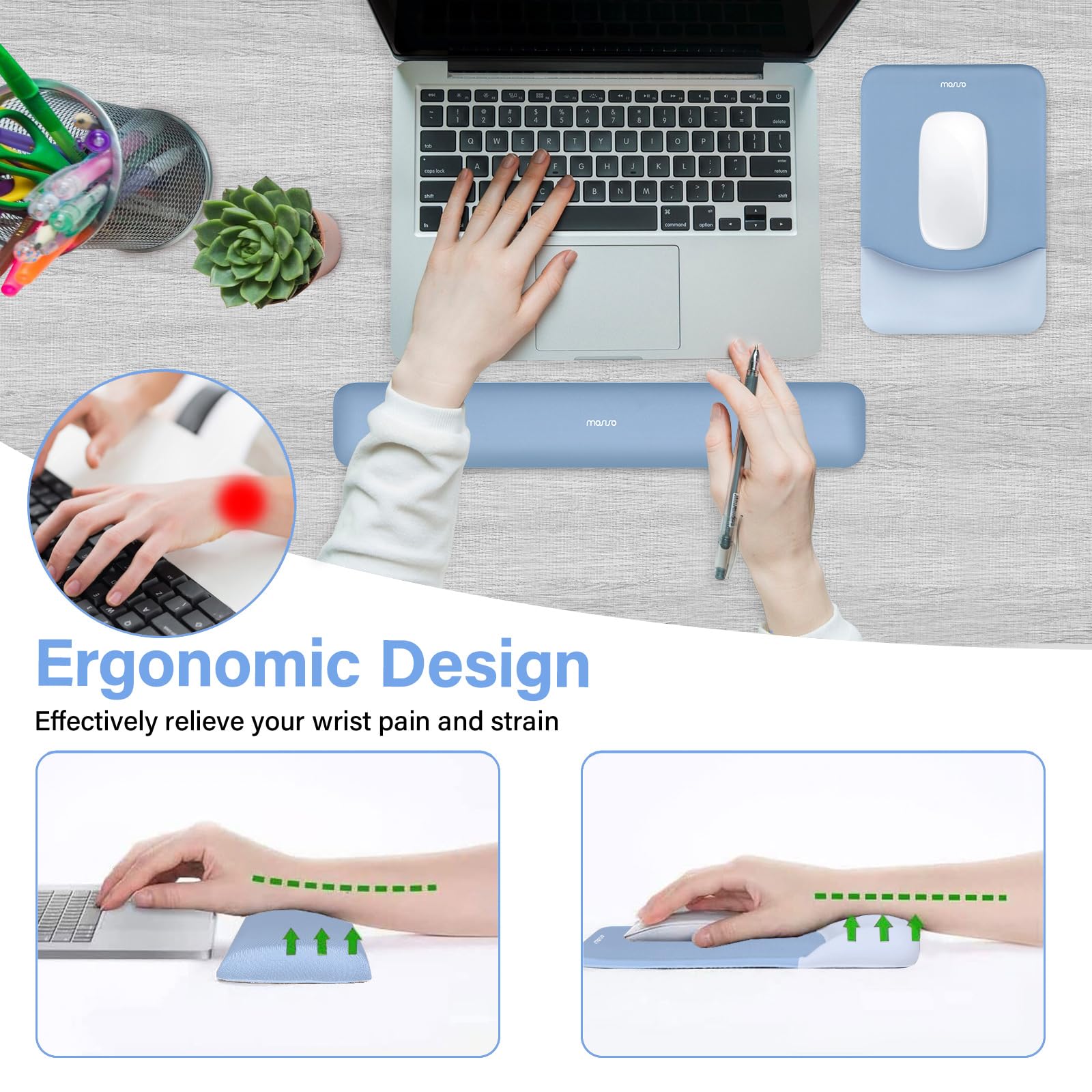 MOSISO Wrist Rest Support Mouse Pad & Keyboard Set, Stone Blue