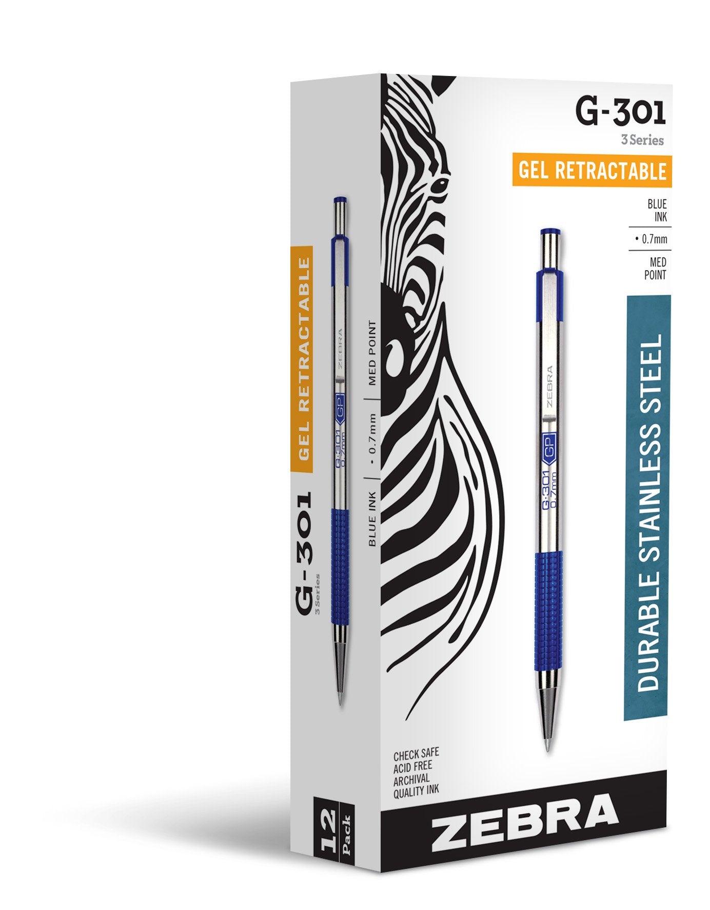 Zebra Pen STEEL G-301 Retractable Gel Pen, Blue Ink, 0.7mm, 12-Pack