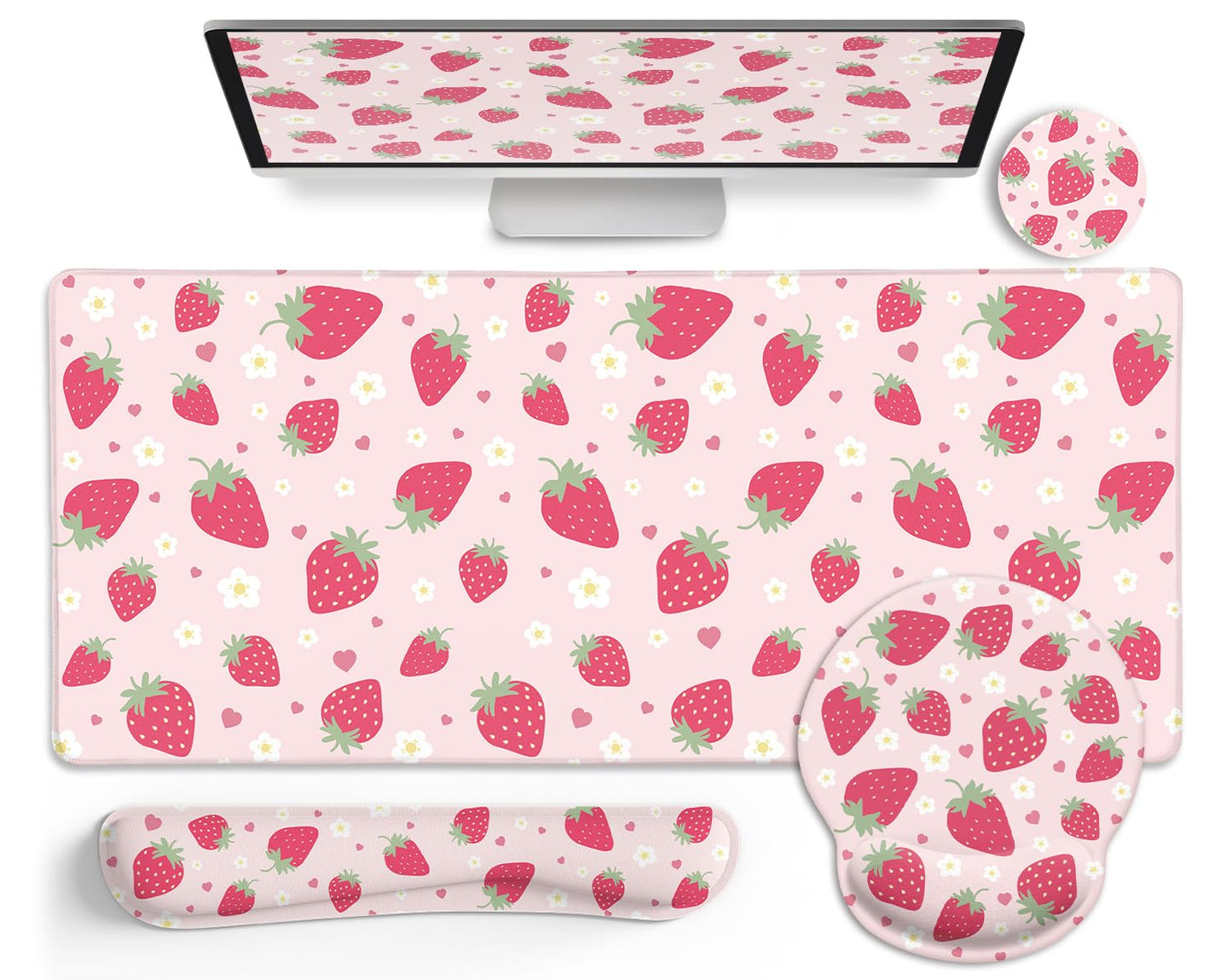 LIMKRIAN Strawberry Mouse Pad Large Desk Mat Set, Pink Ergonomic Mouse Pad