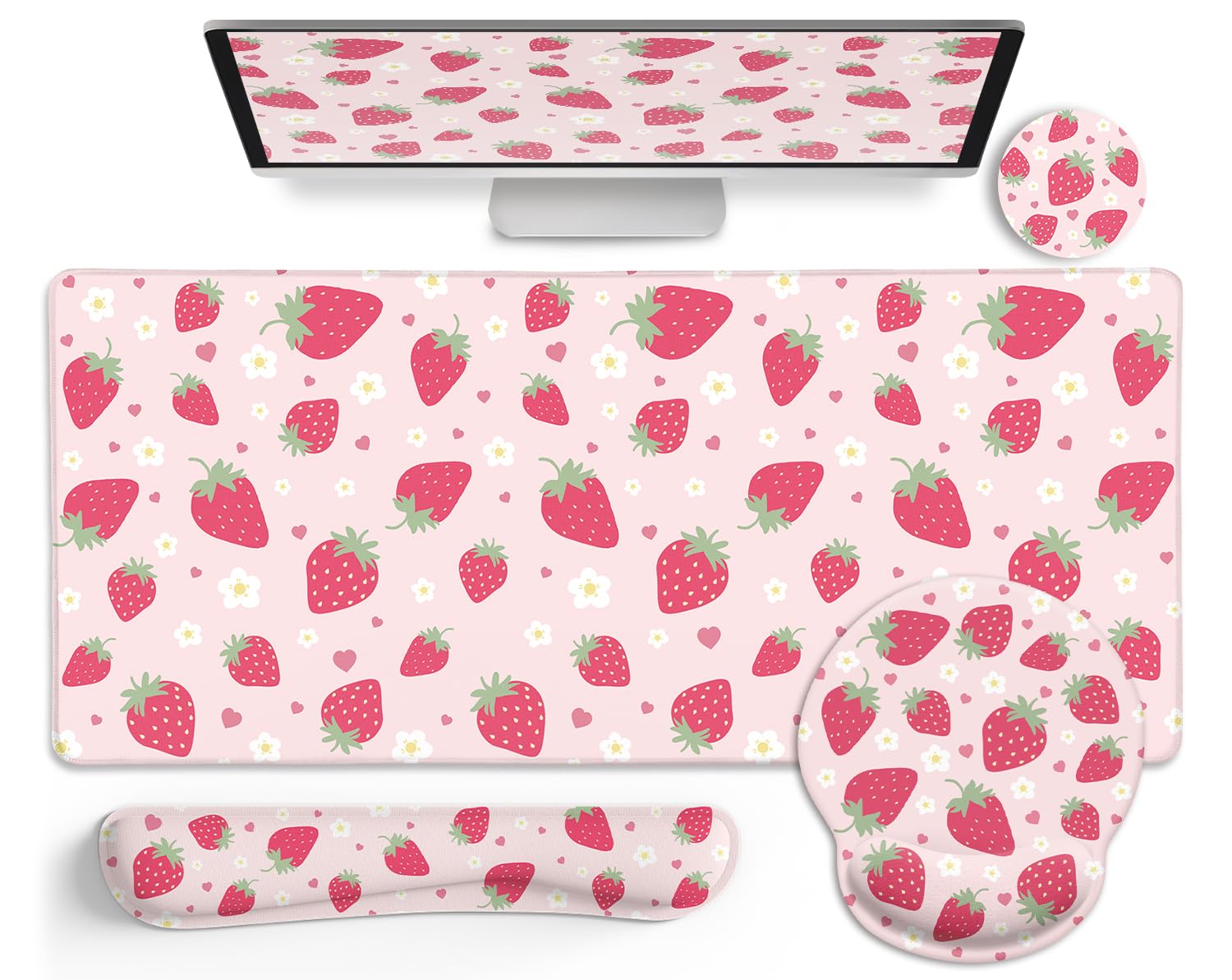 LIMKRIAN Strawberry Mouse Pad Large Desk Mat Set, Pink Ergonomic Mouse Pad