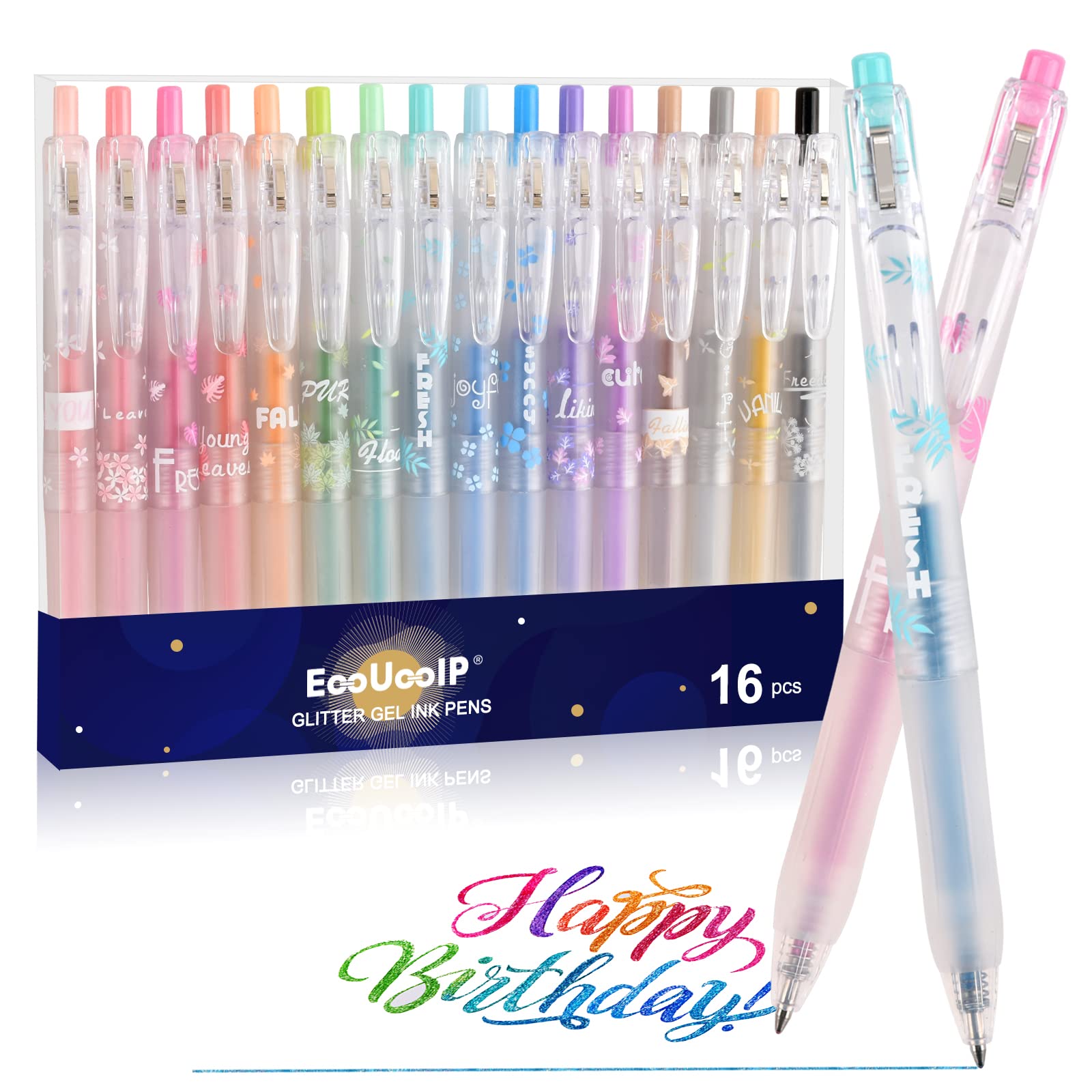 Glitter Gel Pens, 16 Colors Retractable Sparkly Pens, 0.7mm Fine Tip