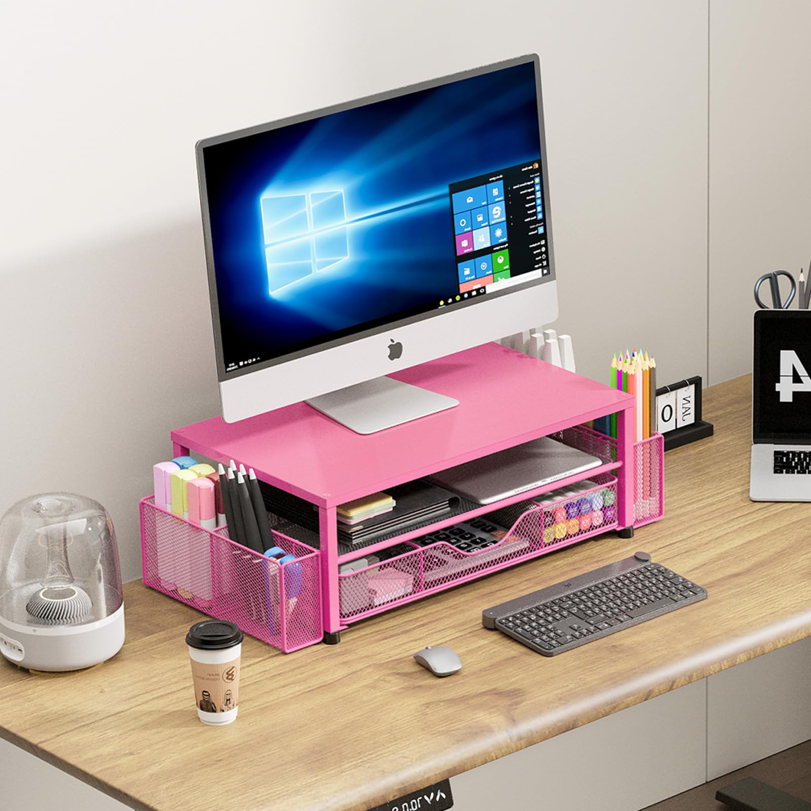 OPNICE Desk Organizers and Accessories, Computer Monitor Stand Riser with Drawer and 2 Pen Holders