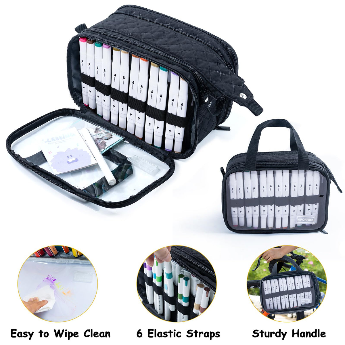 APOFFICE Marker Organizer Case – Holds 72-96Markers | Portable Art Marker Storage Bag with Clear
