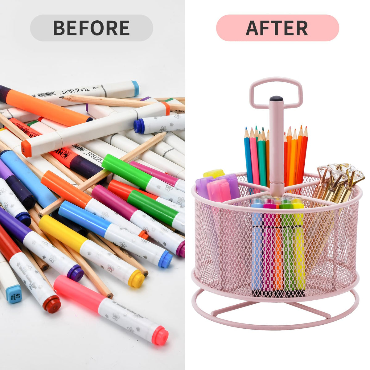Marbrasse Mesh Desk Organizer, 360-Degree Rotating Multi-Functional Pen Holder, 4 Compartments