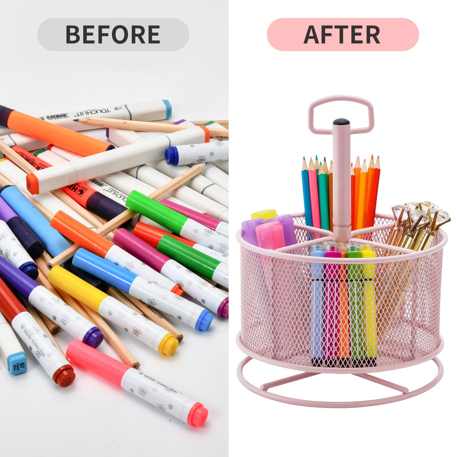 Marbrasse Mesh Desk Organizer, 360-Degree Rotating Multi-Functional Pen Holder, 4 Compartments
