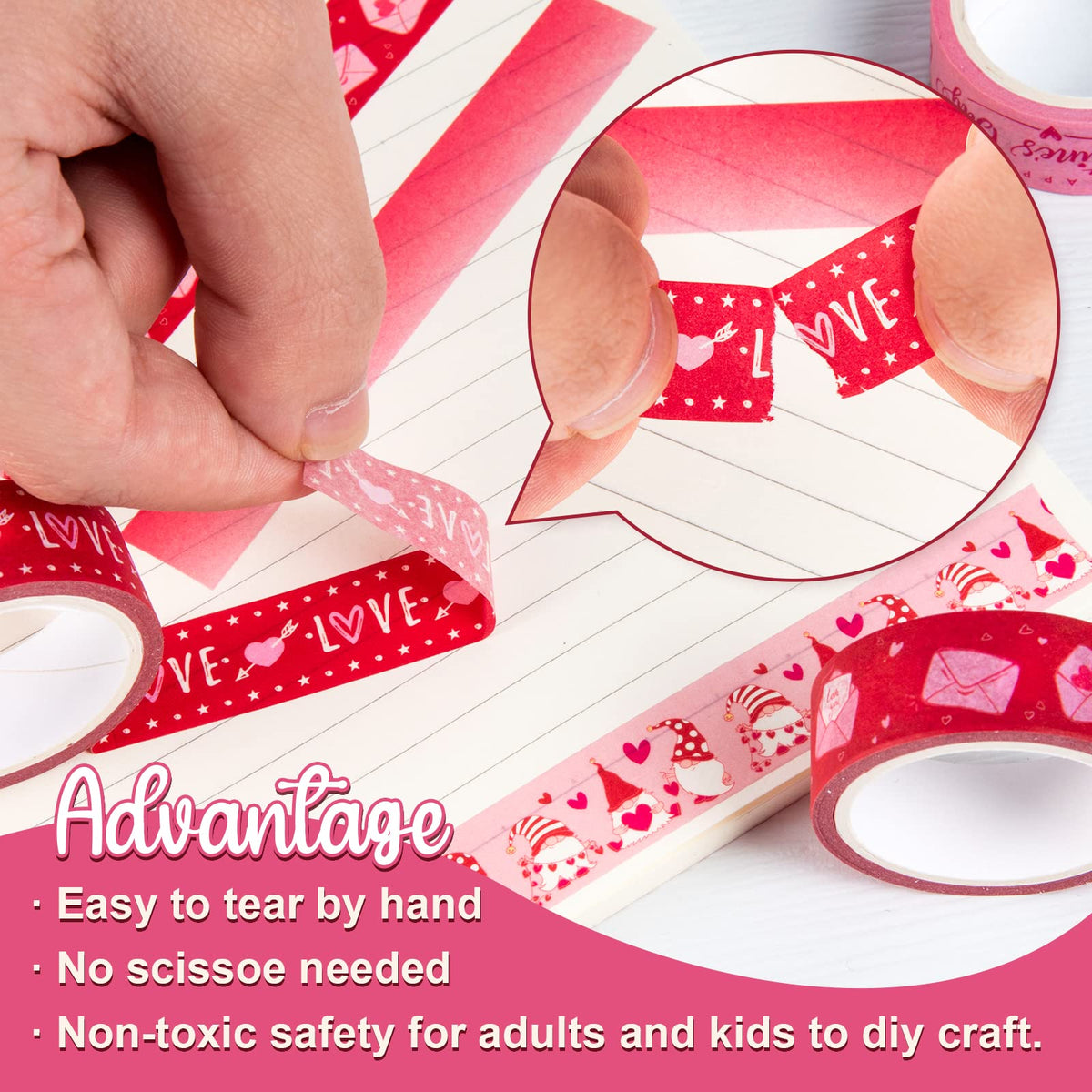Whaline 12 Rolls Valentine Washi Tape Red Pink Heart Gnome Love Masking Tape for Wedding Scrapbook