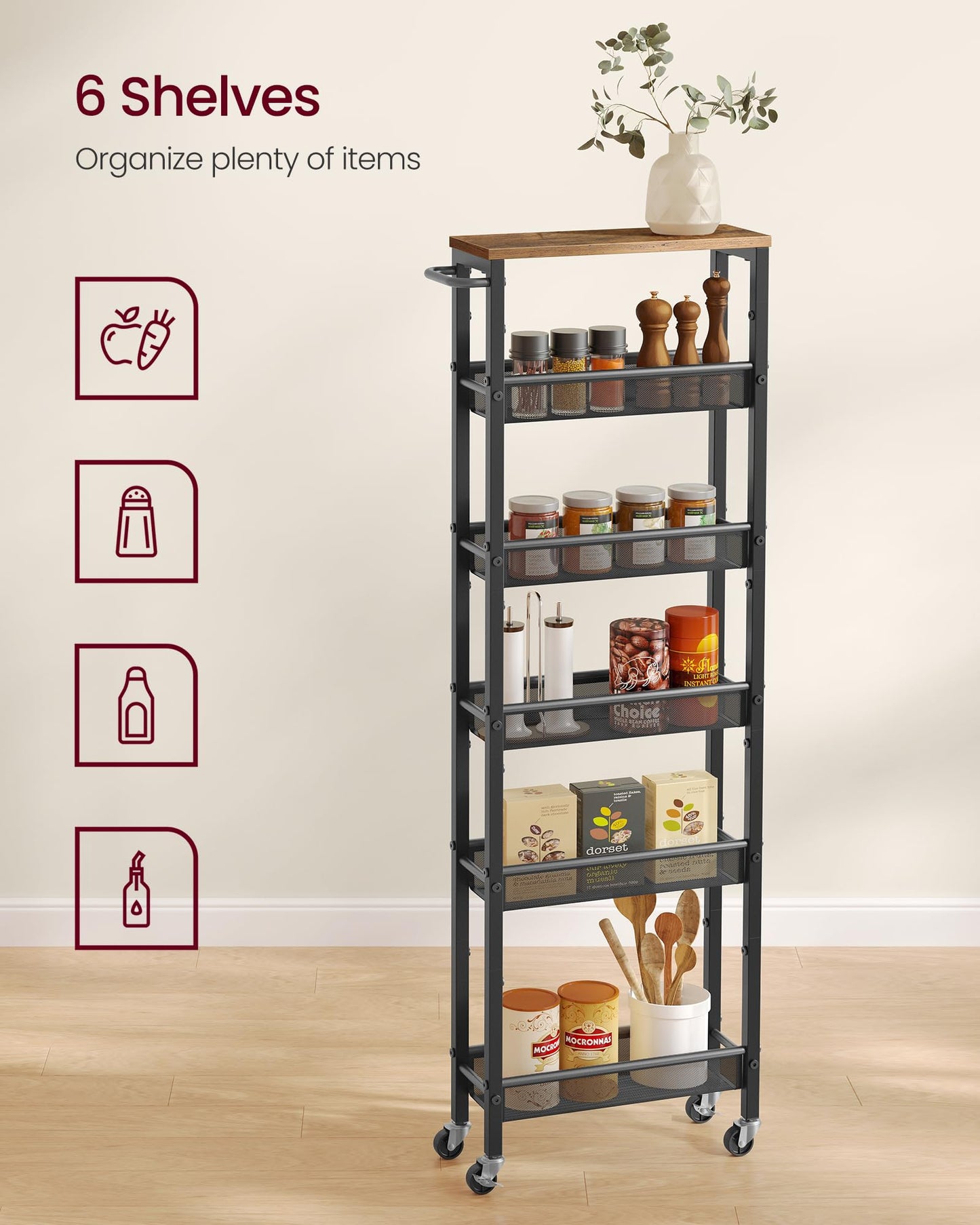 VASAGLE 6-Tier Utility Rolling Laundry Cart, 17.9 x 5.9 x 51.7 inch