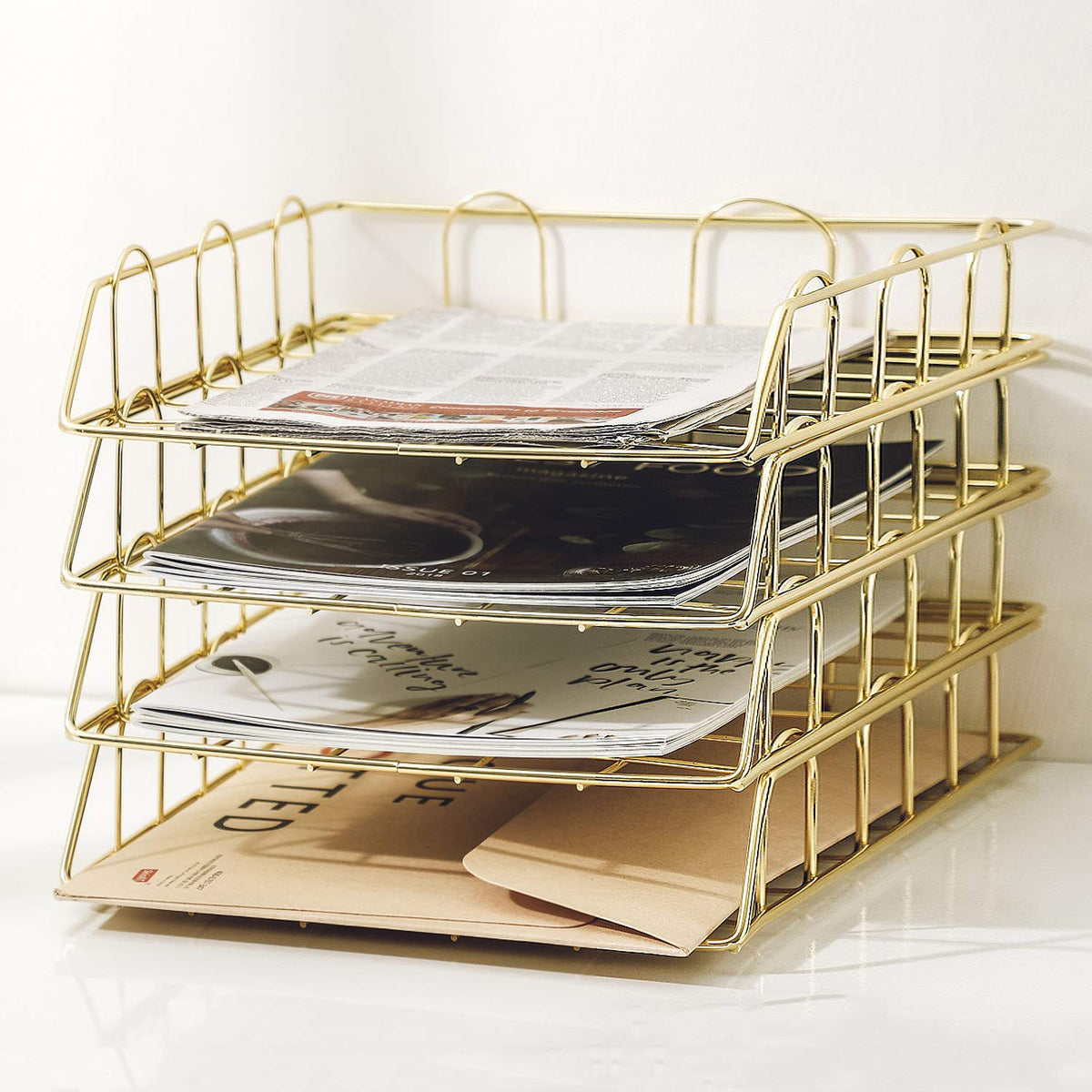 Gold 4-Tier Stackable Paper Tray Desk Organizer