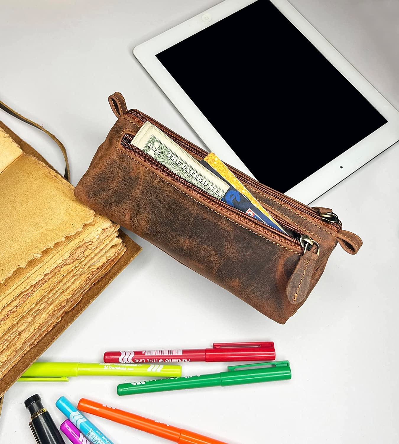 Rustic Town Leather Pencil Case - Vintage Zippered Pencil Pouch & Pen Case for Adults, Artists