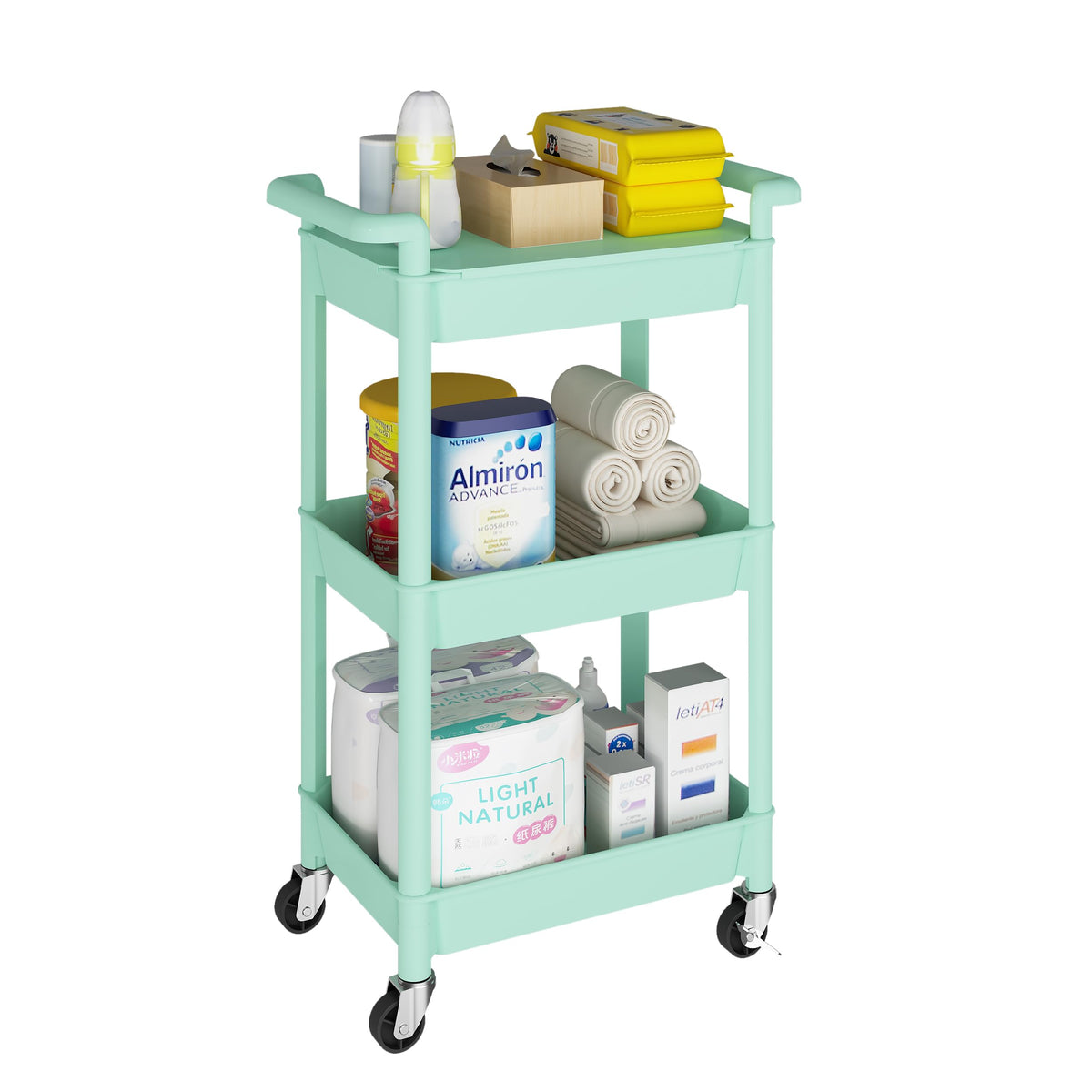 MIOCASA 3-Tier Utility Rolling Cart with Cover Top Board, Kitchen Storage Organization, Art Cart