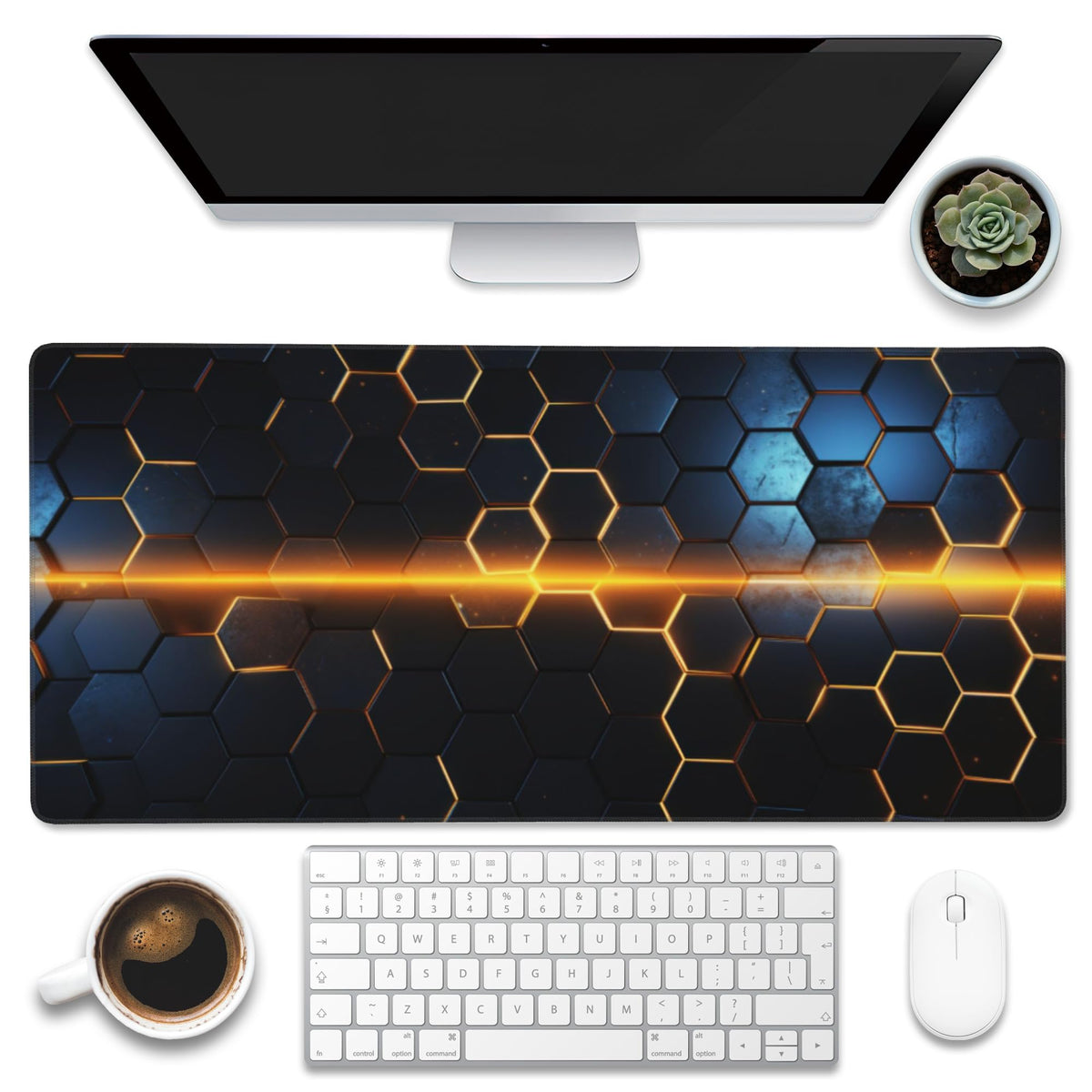 Eflxamz Large Gaming Mouse Pad,Golden Lines Honeycomb Technology Desk Mat,Honeycomb Technology Desk