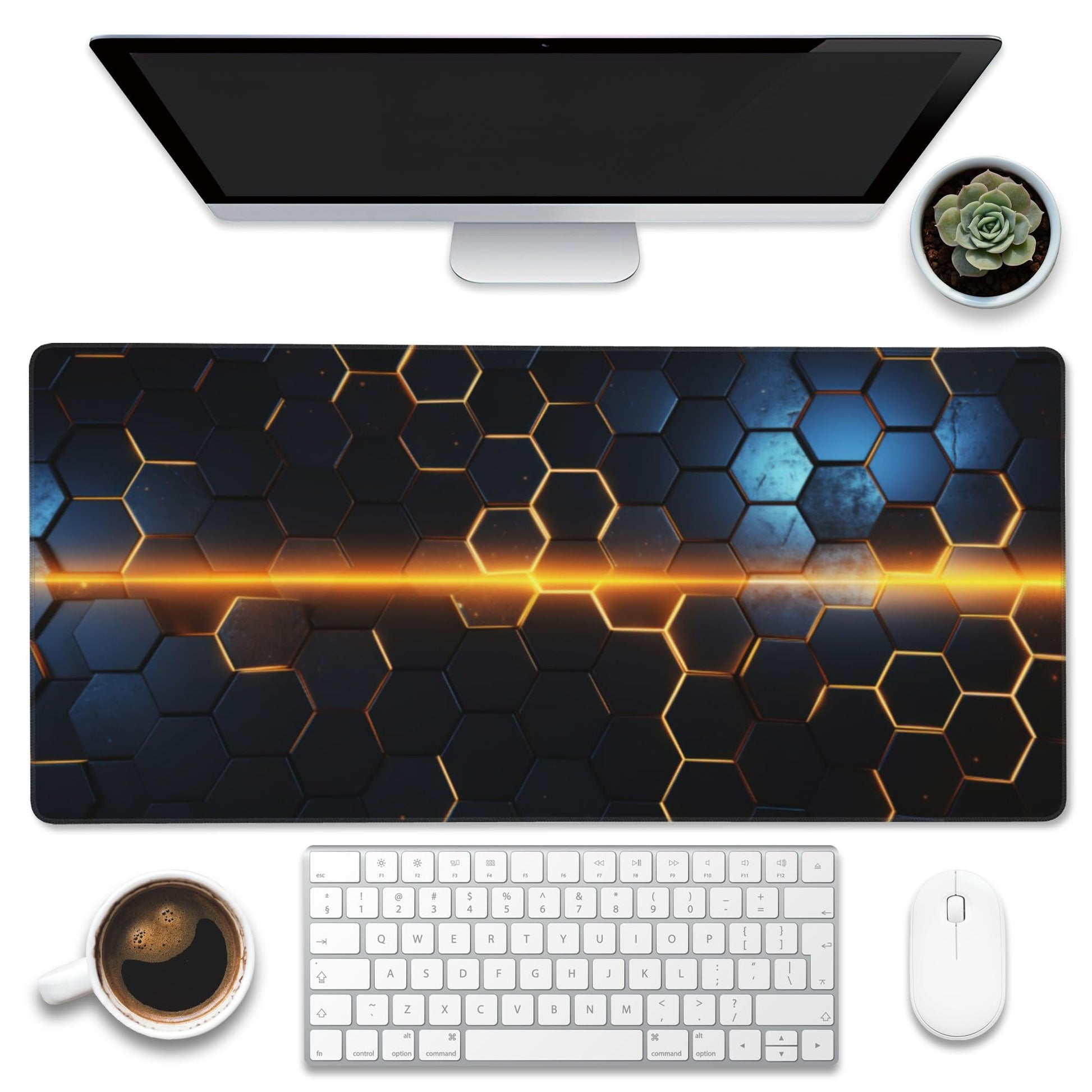 Eflxamz Large Gaming Mouse Pad,Golden Lines Honeycomb Technology Desk Mat,Honeycomb Technology Desk