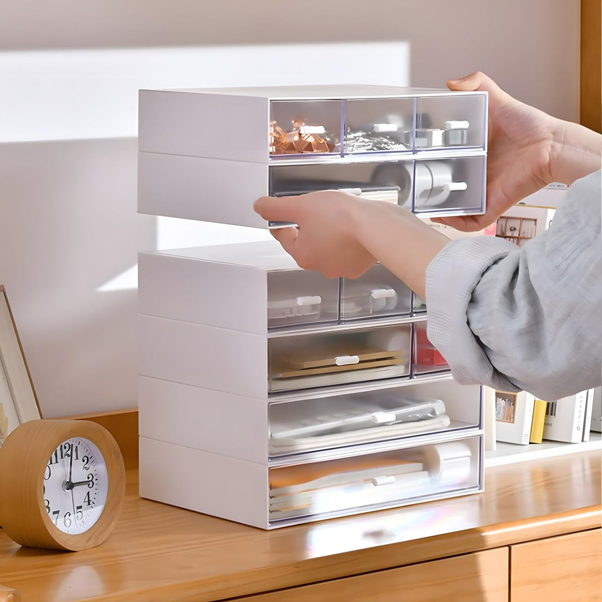 OSteed Stackable Storage Drawers, Office Desk Organizer with 7 Flat Drawers