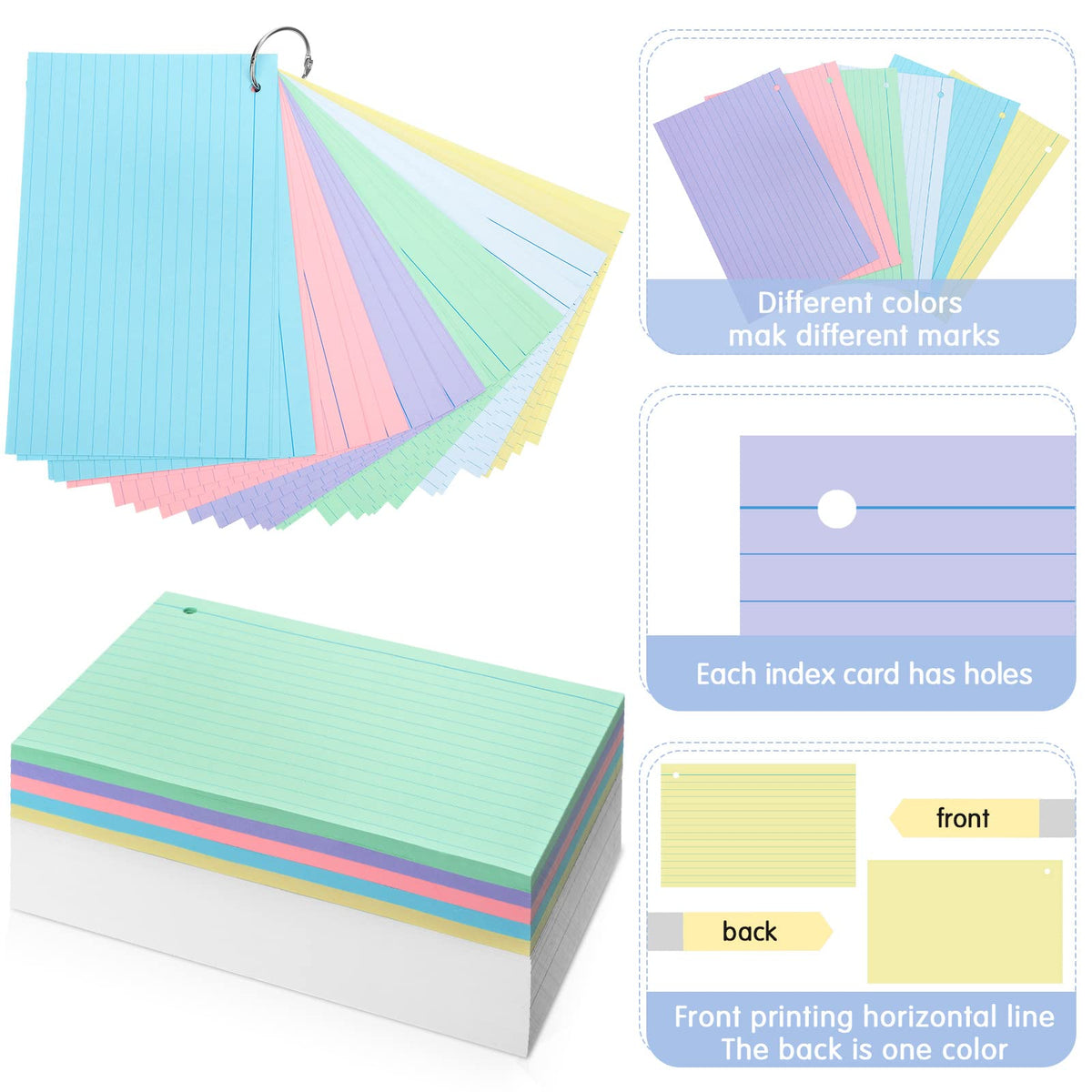 Epakh 300 Pcs Index Cards with Rings, 5 x 8 Inch, Light Color
