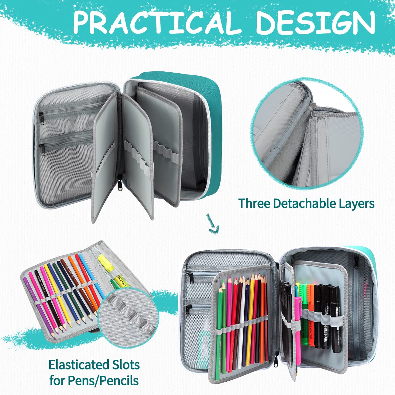 VASCHY Large Pencil Case, Art Color Pencils Pouch with Detachable Layers Multiple Zip Pockets for