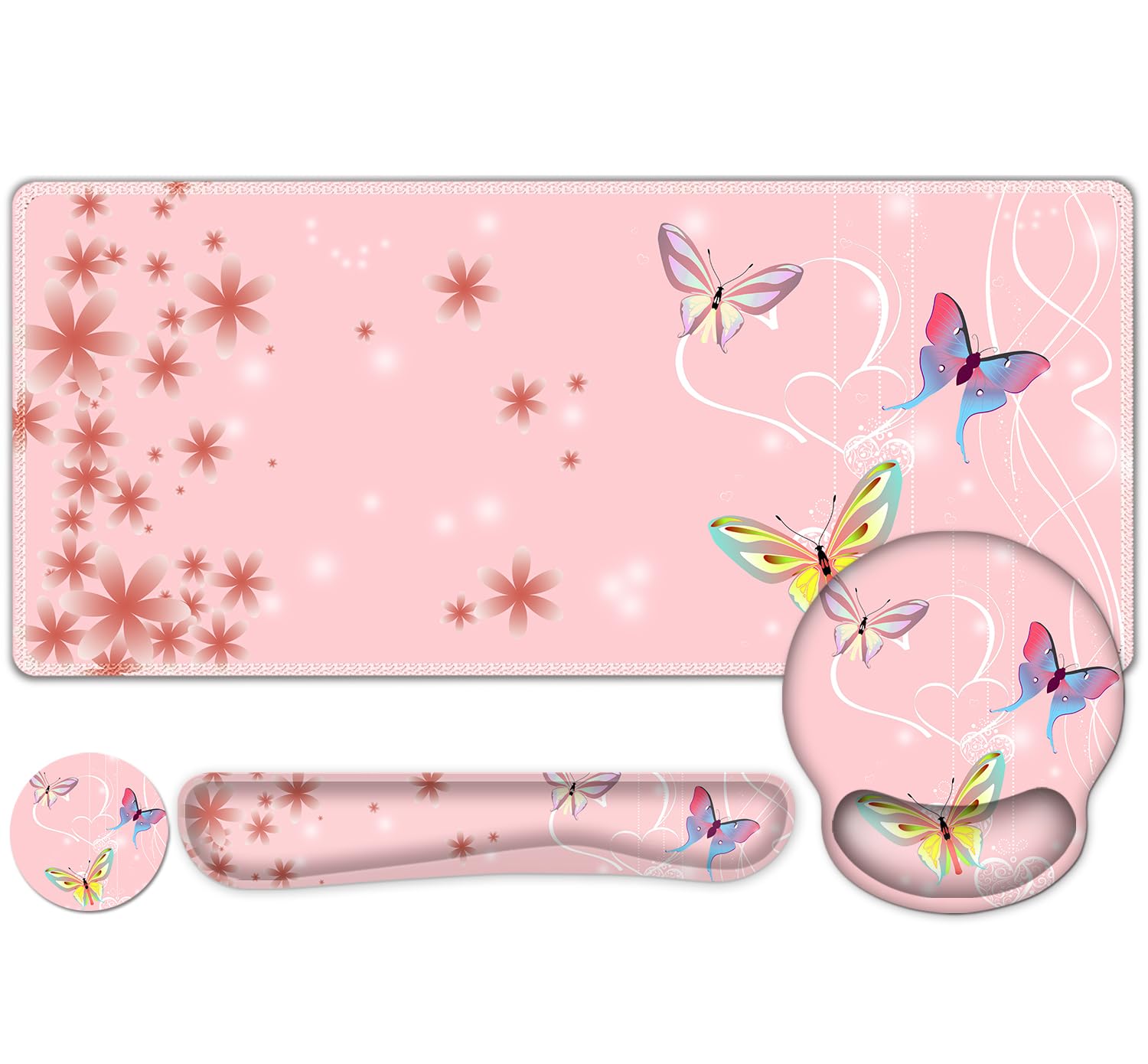 Peach Pink Butterflies Florals Mouse Pad, XXL Large Desk Mat Extended Reading Desk pad, 4 PCS