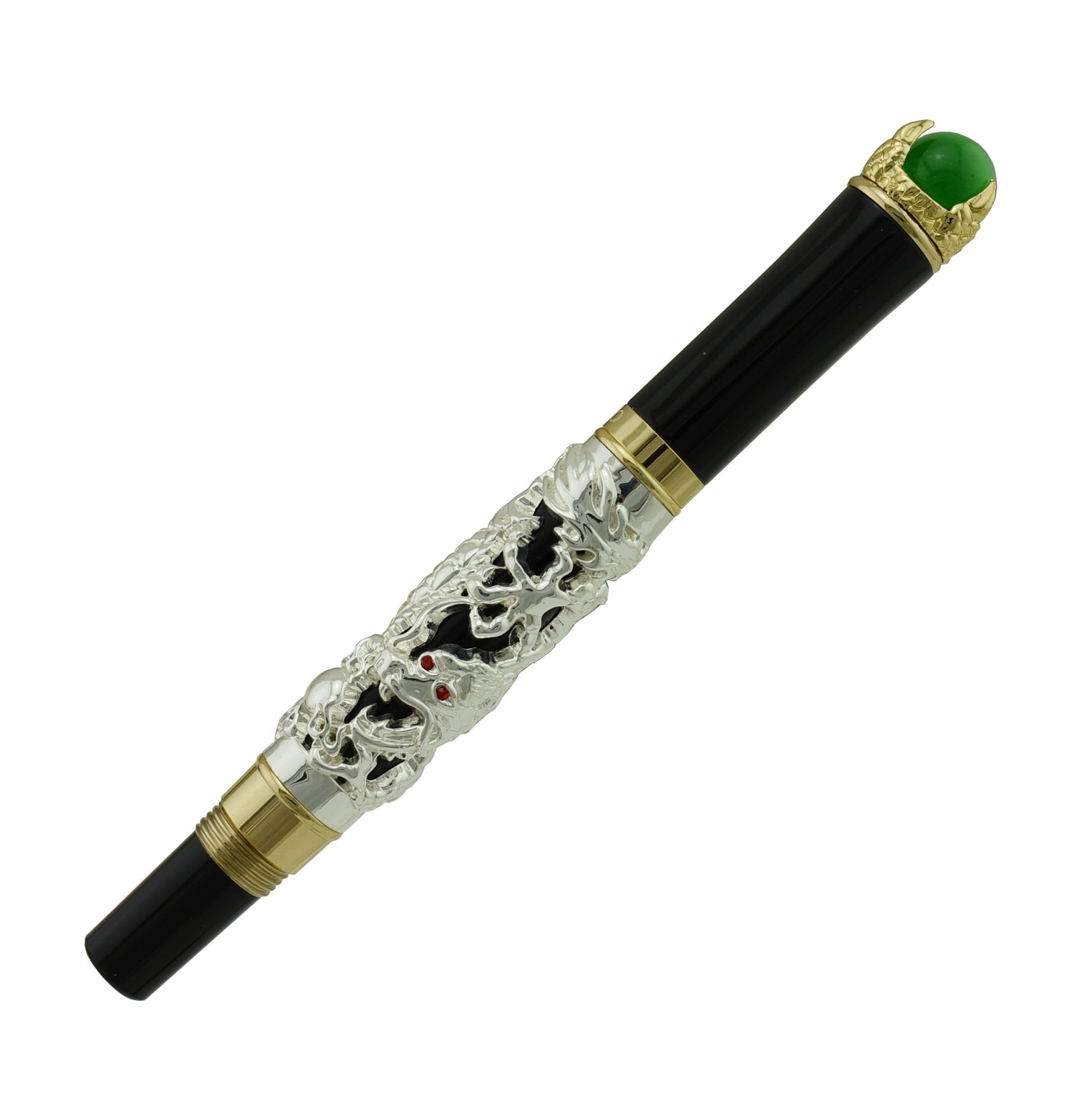 Jinhao Dragon Fountain Pen Fine Nib Silver Color Playing Pearl, Green Jewelry with Pen Pouch
