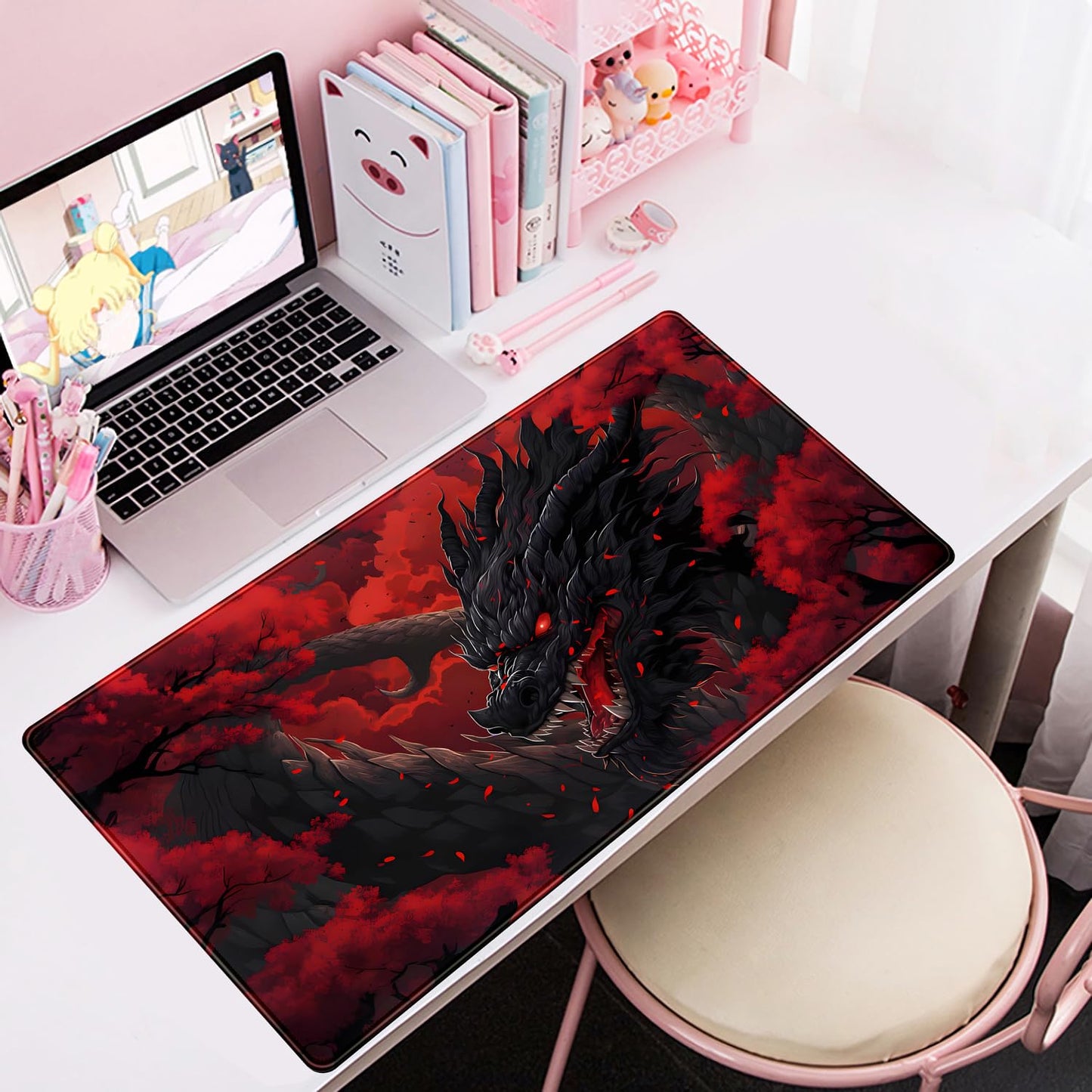 Huge Dragon Large Mouse Pad - Red and Black Mousepad, Big Full Keyboard and Mouse Pad with Stitched